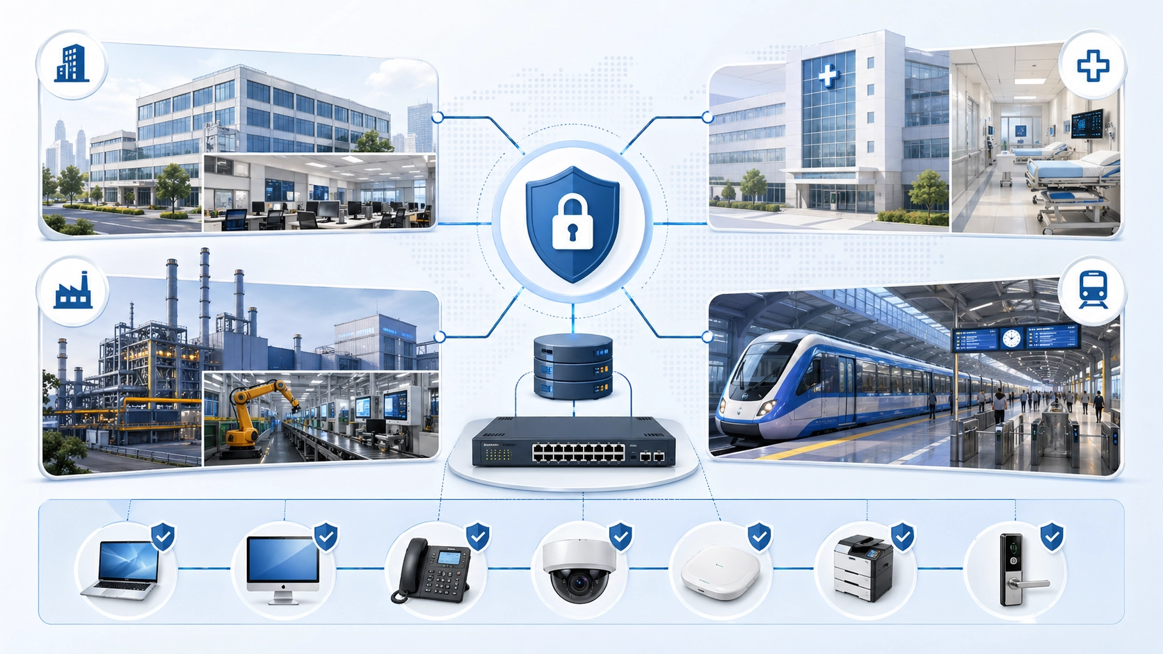 802.1X applications across enterprise offices, campus networks, hospitals, industrial sites, transportation systems, IP phones, cameras, and access switches