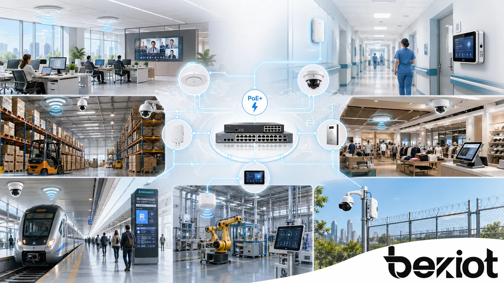 PoE+ applications across offices campuses hospitals warehouses retail stores transportation sites industrial facilities and outdoor security networks