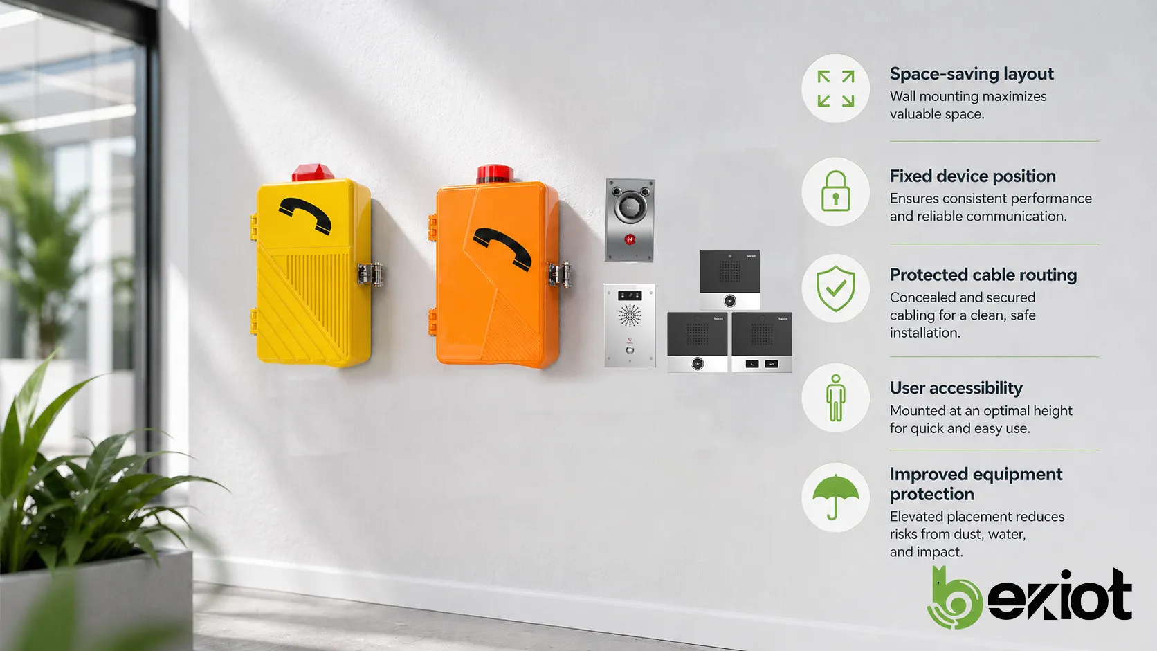 Wall mounting features showing space saving layout, fixed device position, protected cable routing, user accessibility, and equipment protection