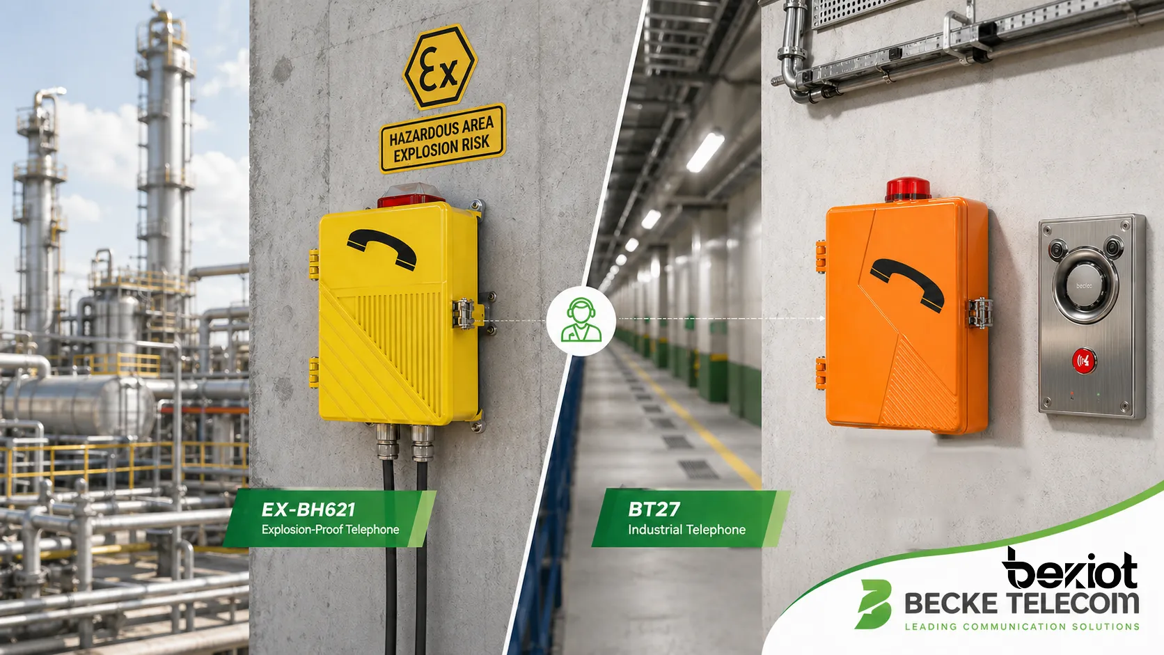 Becke Telcom wall-mounted EX-BH621 explosion-proof telephone and BT27 industrial telephone installed in hazardous area and industrial facility communication scenarios