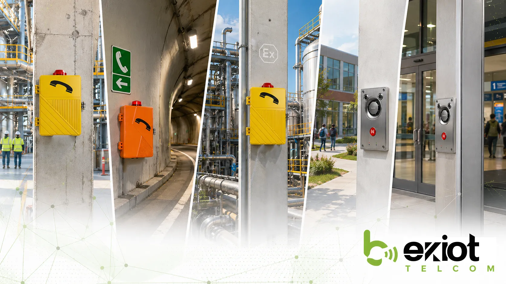 Wall mounting applications showing industrial plant telephones, tunnel emergency phones, hazardous area communication devices, campus intercoms, and public facility access terminals