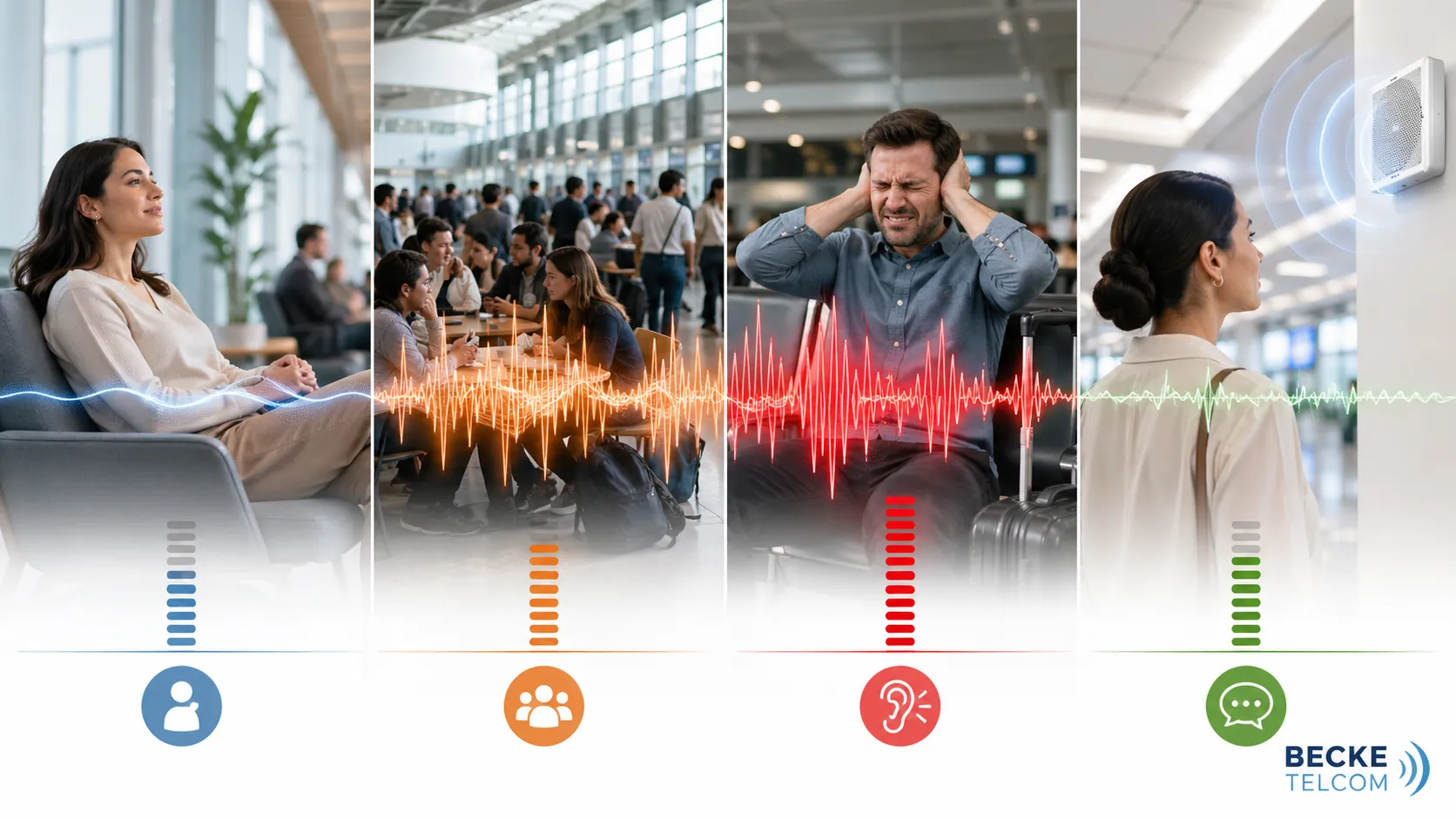 SPL and perceived loudness comparison showing comfortable listening level, high background noise, excessive volume, and speech clarity zone
