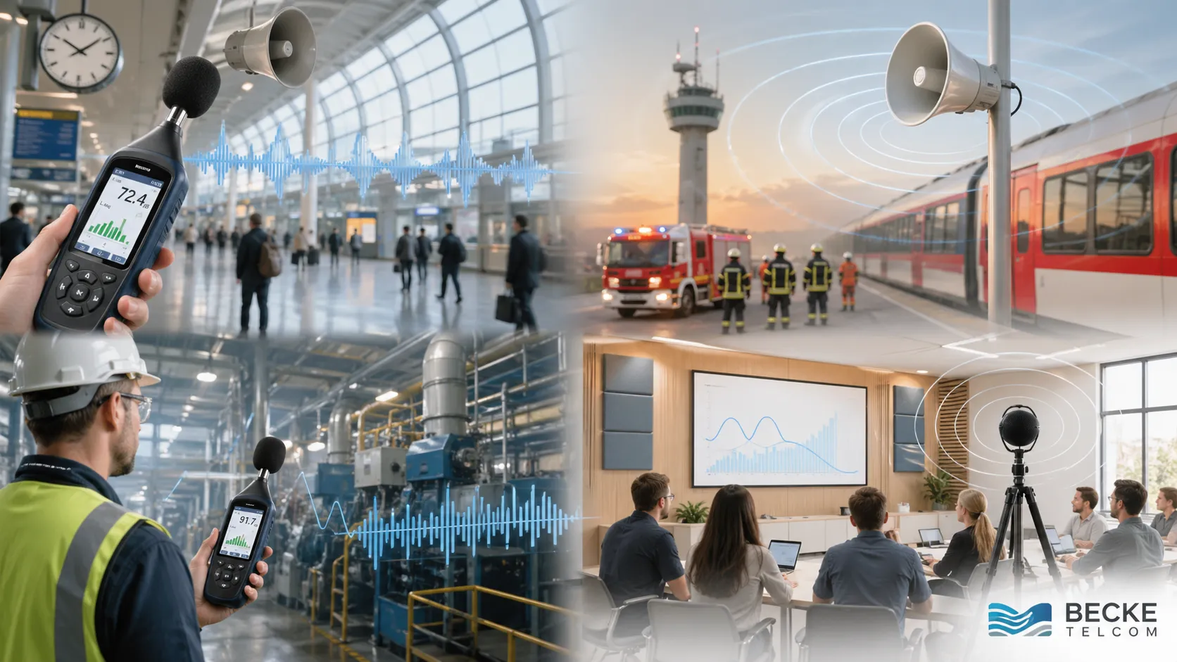 SPL applications showing public address measurement, emergency broadcasting coverage, industrial noise assessment, and room acoustic tuning