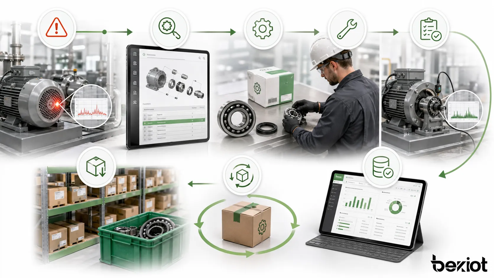 How spare parts work showing fault detection part identification replacement testing inventory update and replenishment process