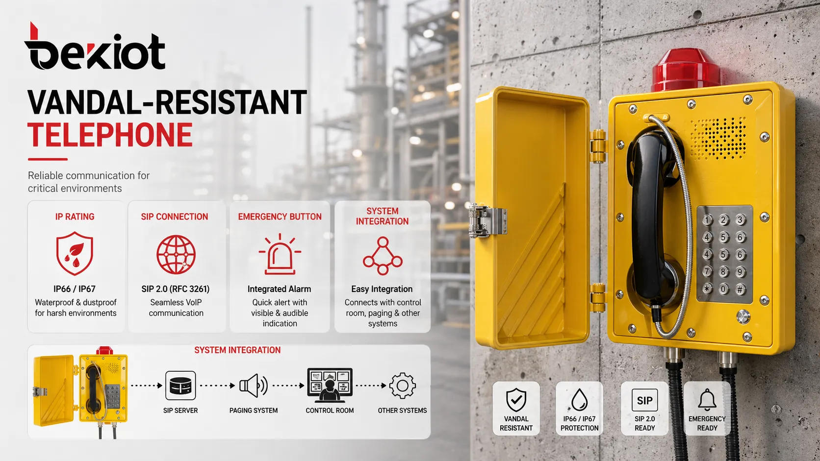 Selection guide for vandal-resistant telephone showing IP rating SIP connection emergency button and system integration