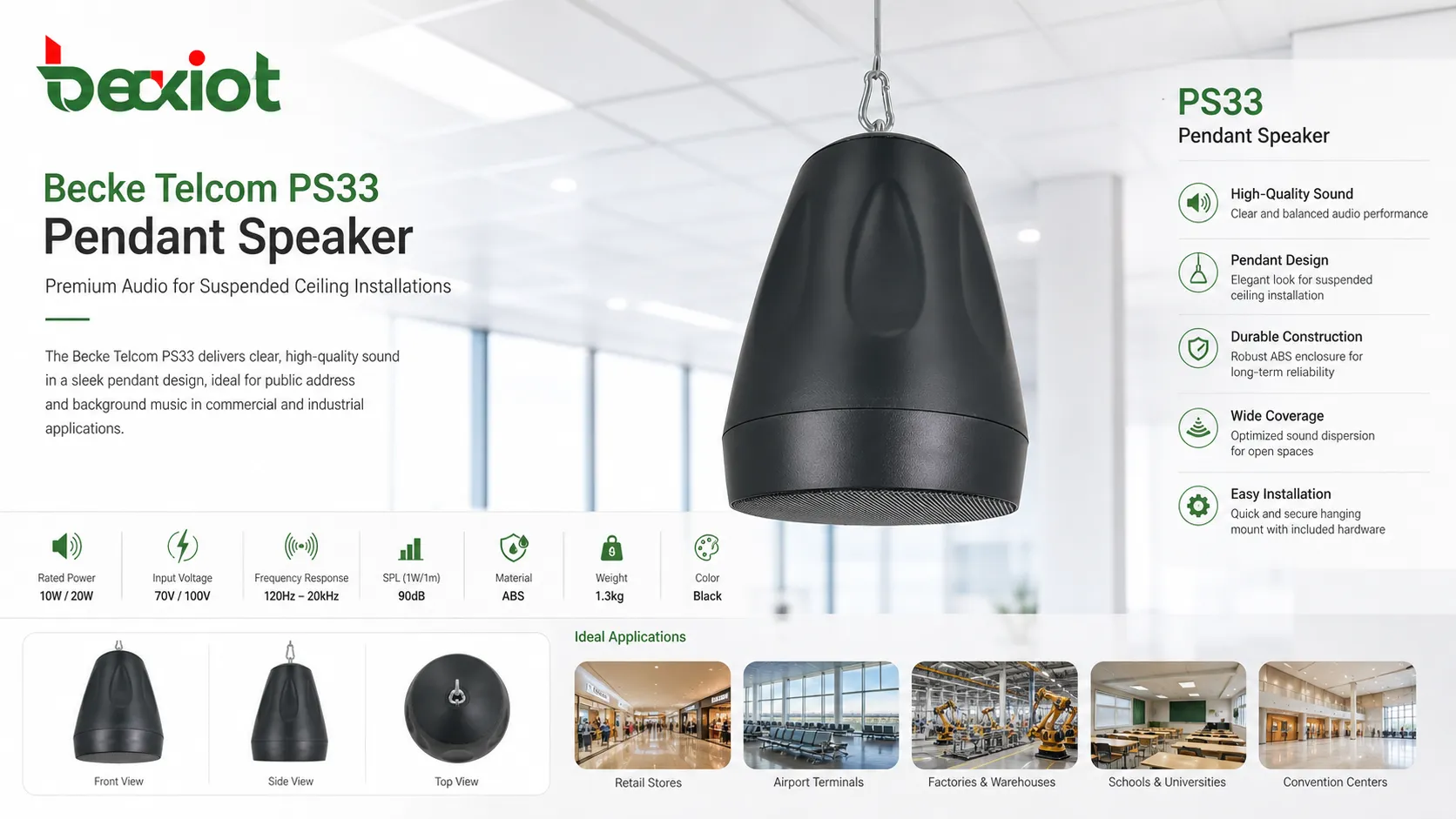 Becke Telcom PS33 Pendant Speaker for suspended ceiling audio installation