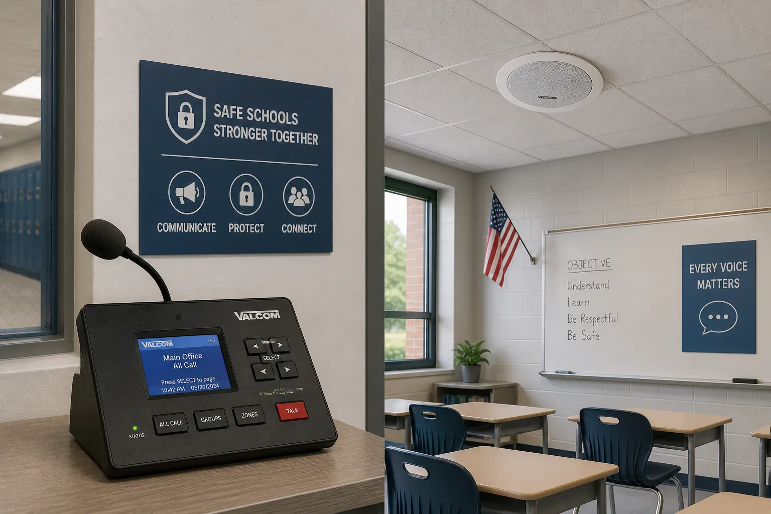 Valcom paging console and classroom speaker used for integrated school safety and communication