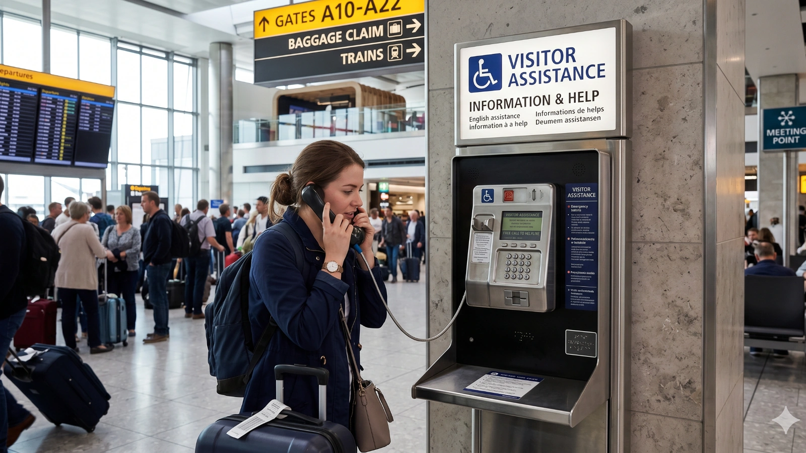 Public area telephone used for visitor assistance in a transportation hub