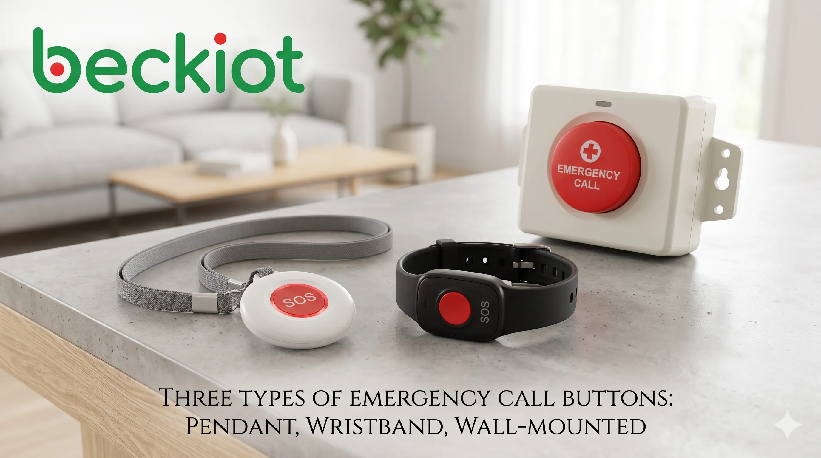 Three types of emergency call buttons: pendant, wristband, and wall-mounted
