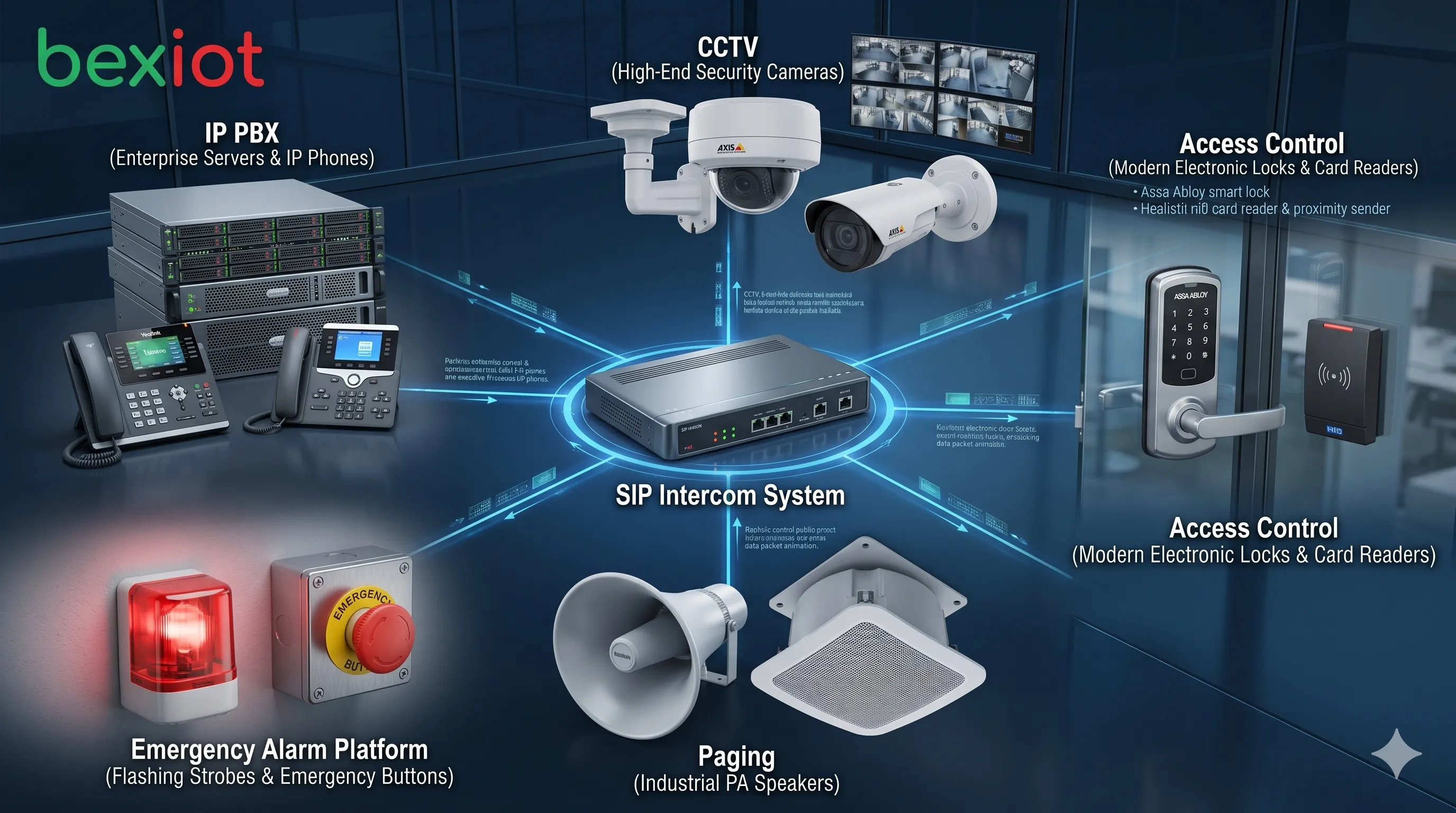 SIP intercom system integration with IP PBX CCTV access control paging and emergency alarm platform