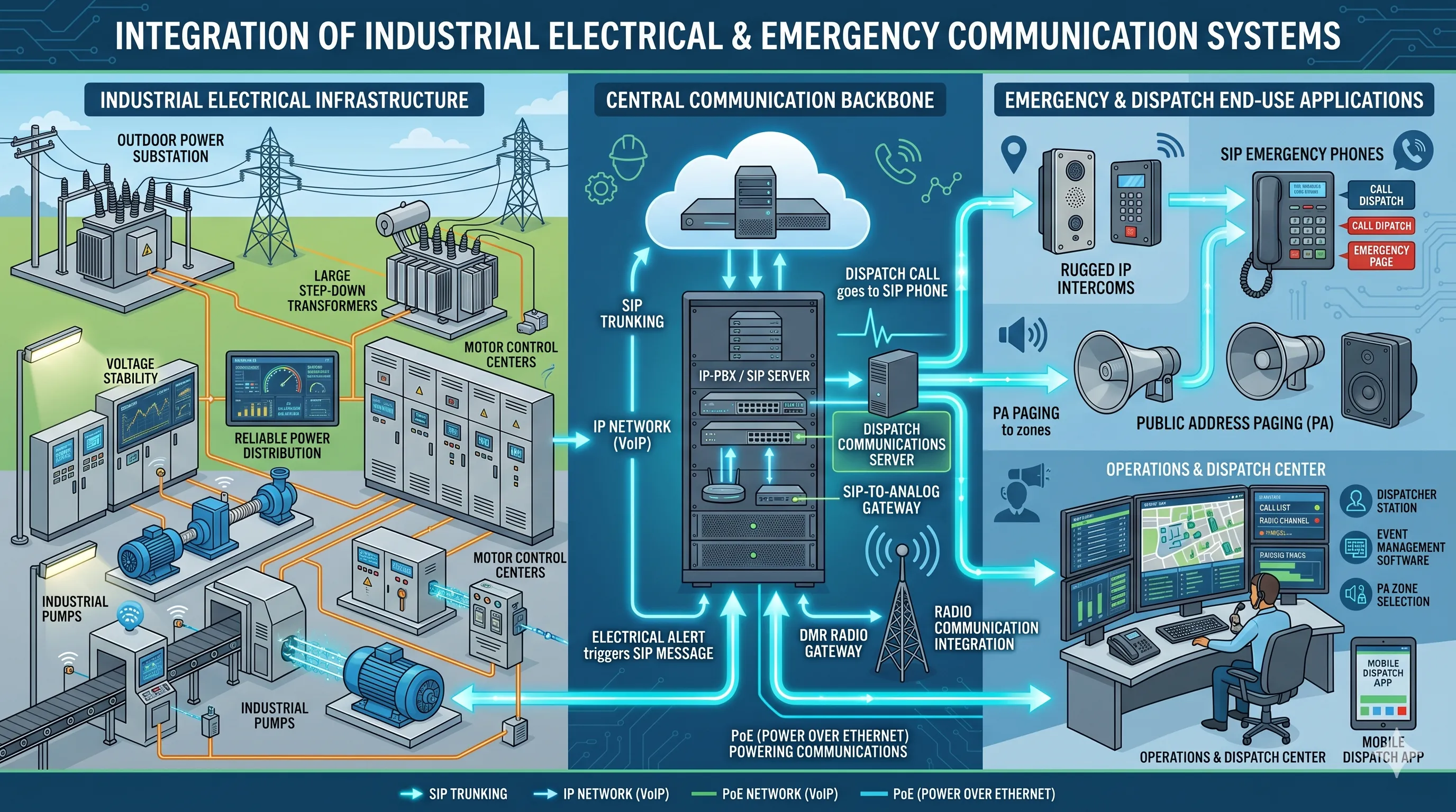 Industrial electrical infrastructure working with SIP emergency phone paging and dispatch communication systems