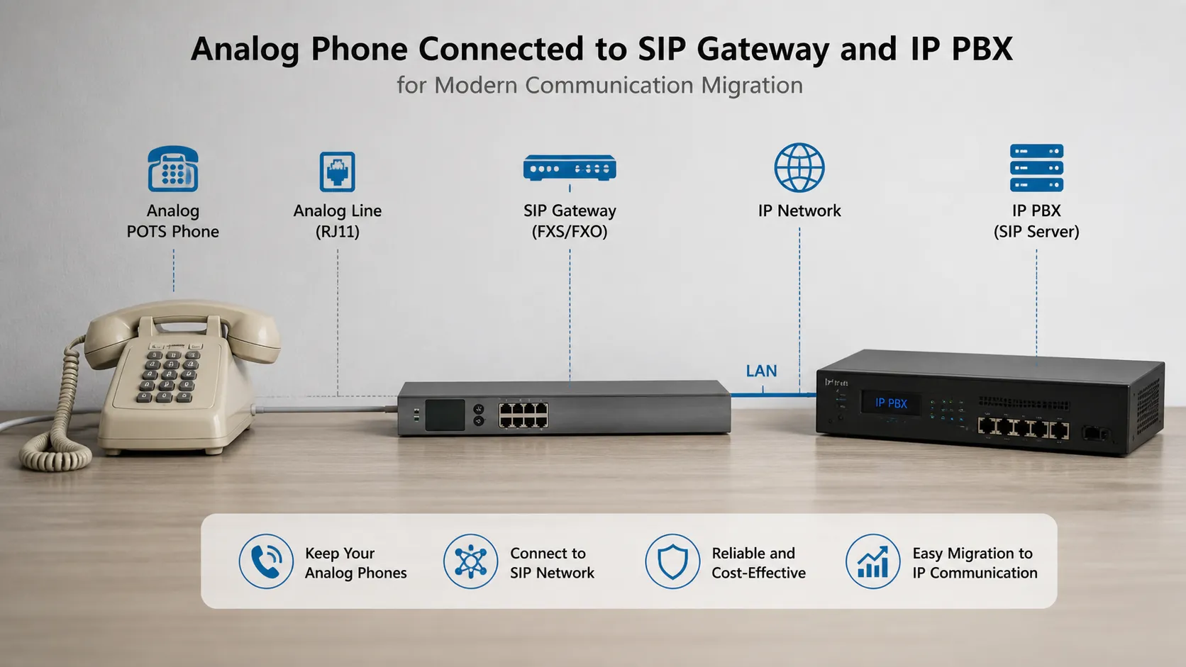 Analog POTS phone connected to a SIP gateway and IP PBX for modern communication migration