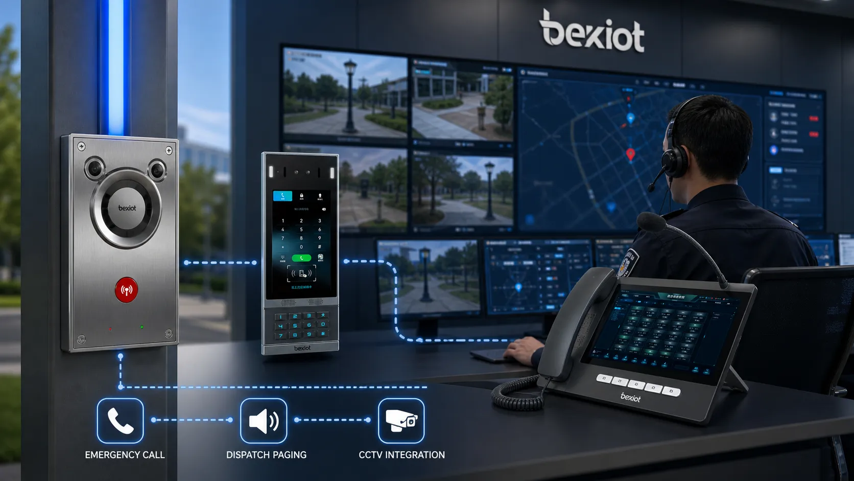 Security control room monitoring blue light phones with emergency dispatch paging and CCTV integration