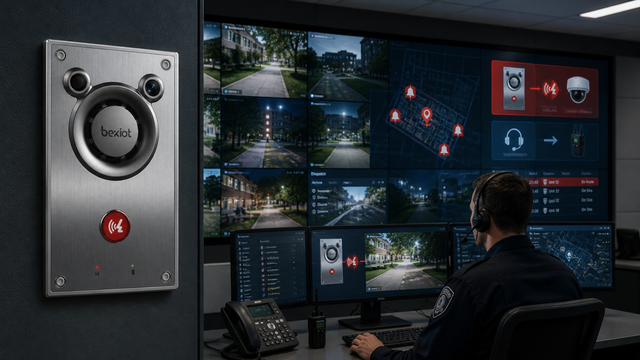 Campus security control room integrating emergency phones broadcasting video surveillance alarm linkage and dispatch systems