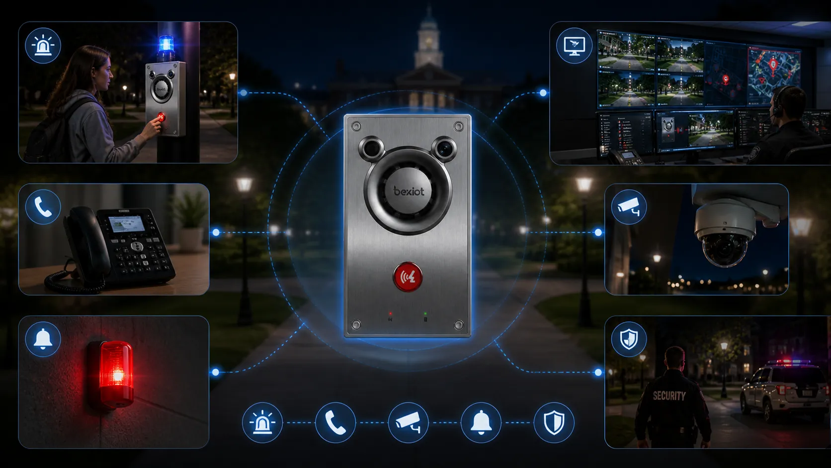 Layered campus safety ecosystem with emergency phones broadcasting system telephone system surveillance system alarm system and security response