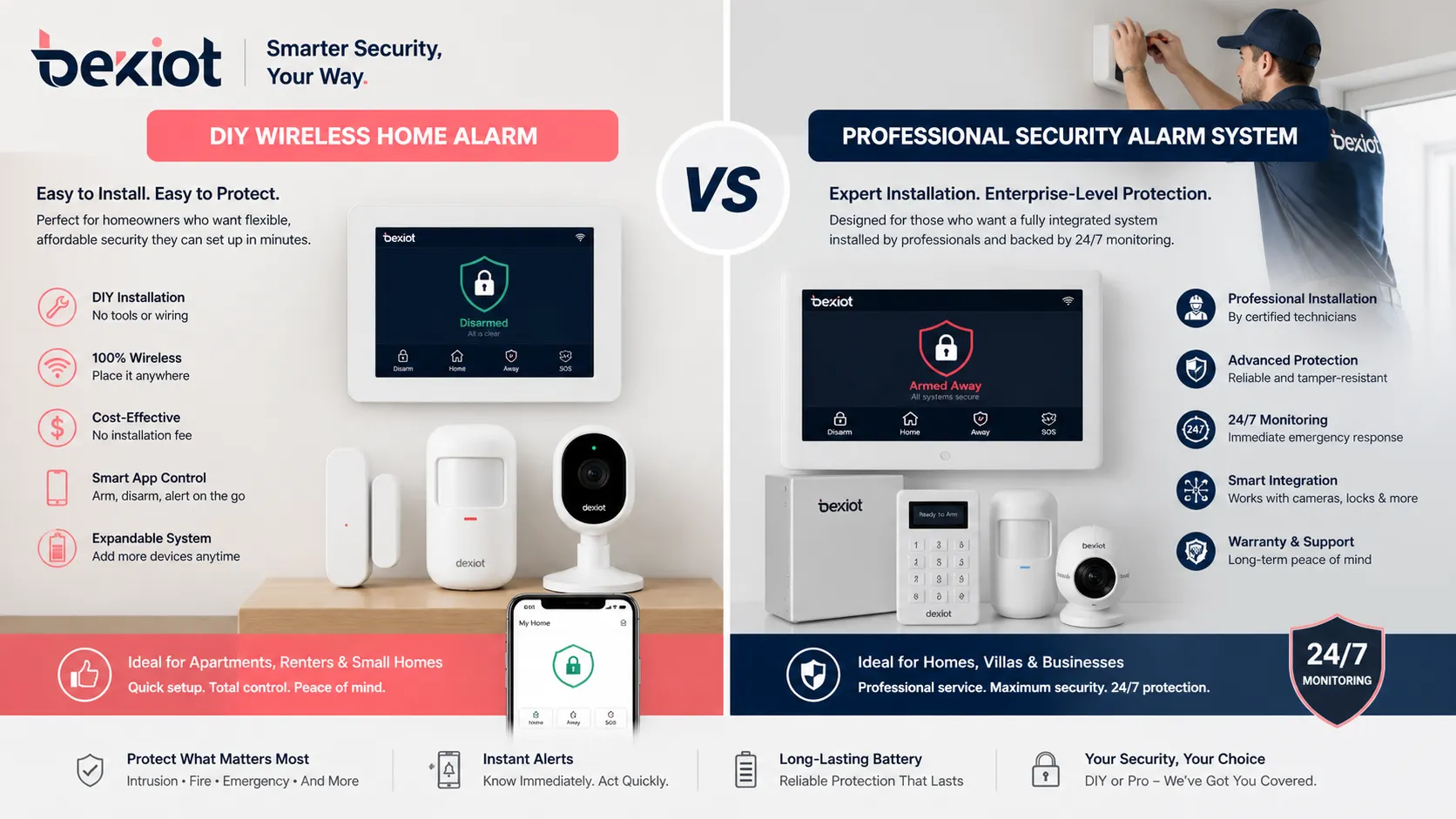 DIY wireless home alarm installation compared with professional security alarm system setup
