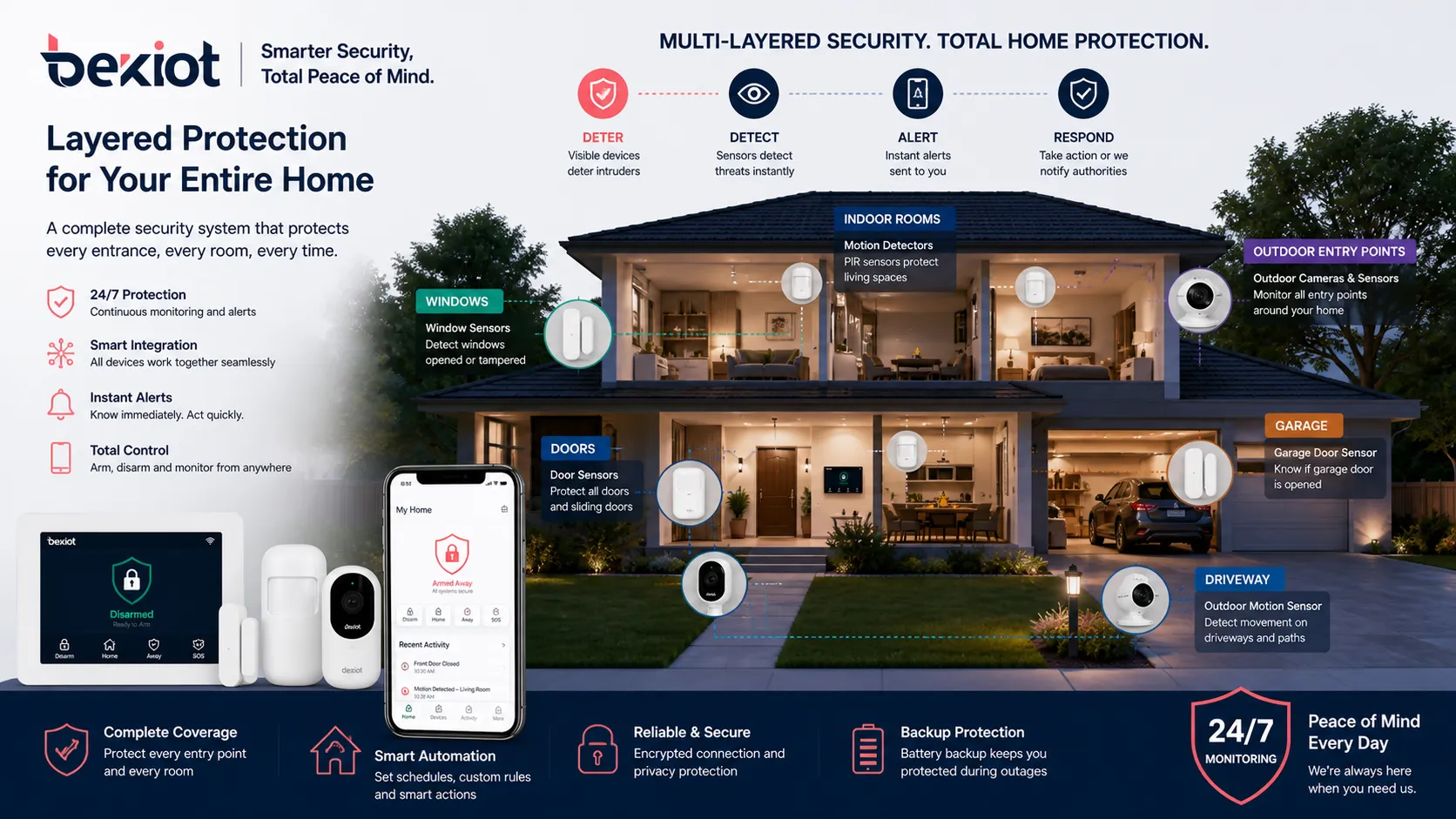 Layered home security alarm system protecting doors windows indoor rooms garage driveway and outdoor entry points