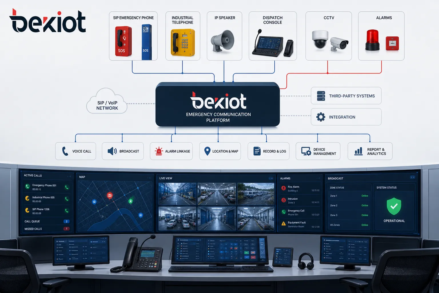 Emergency communication system architecture connecting SIP emergency phones industrial telephones IP speakers dispatch console CCTV alarms and control room platform