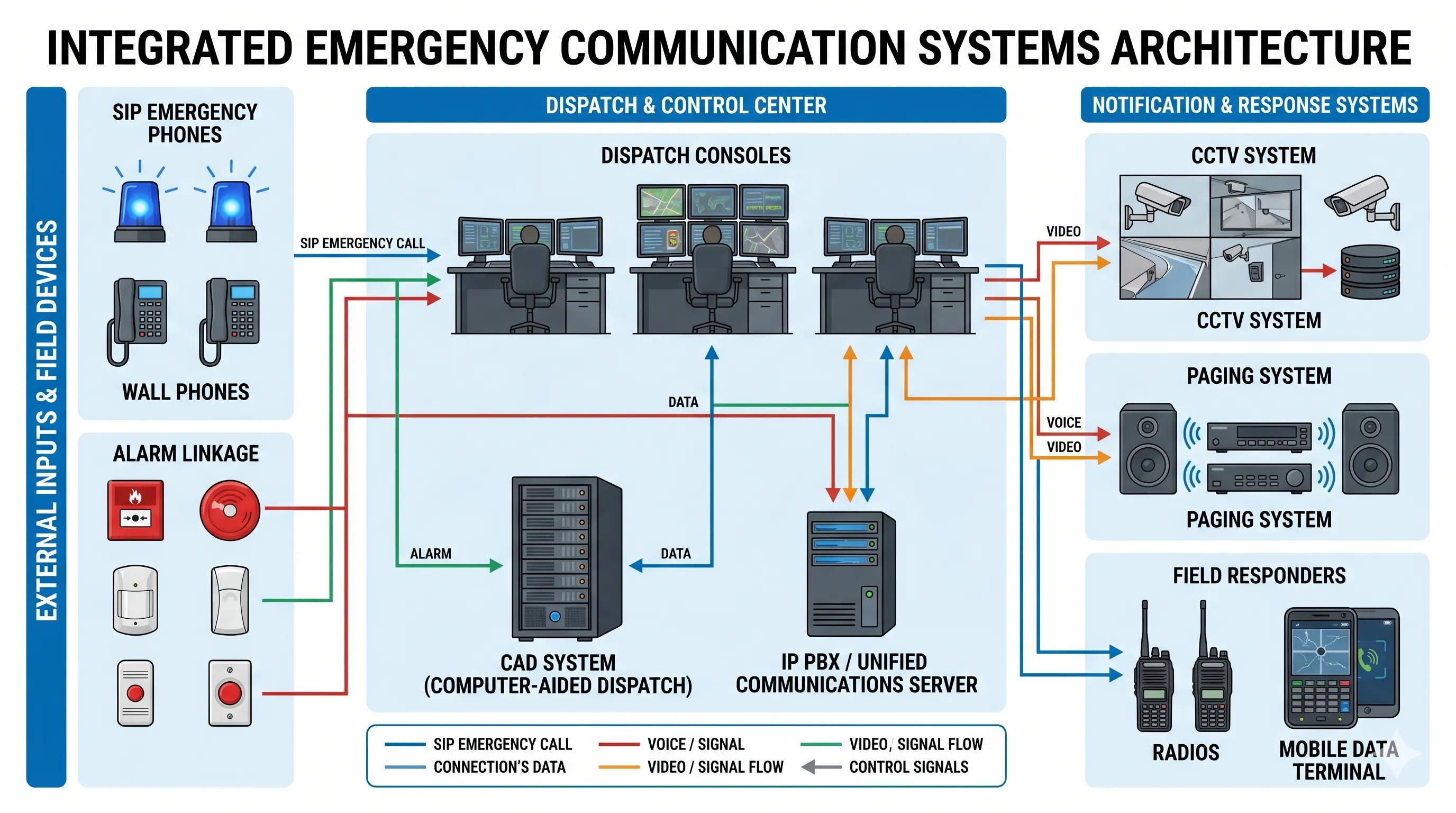 Emergency communication architecture connecting CAD system, SIP emergency phones, IP PBX, dispatch console, CCTV, paging, and alarm linkage
