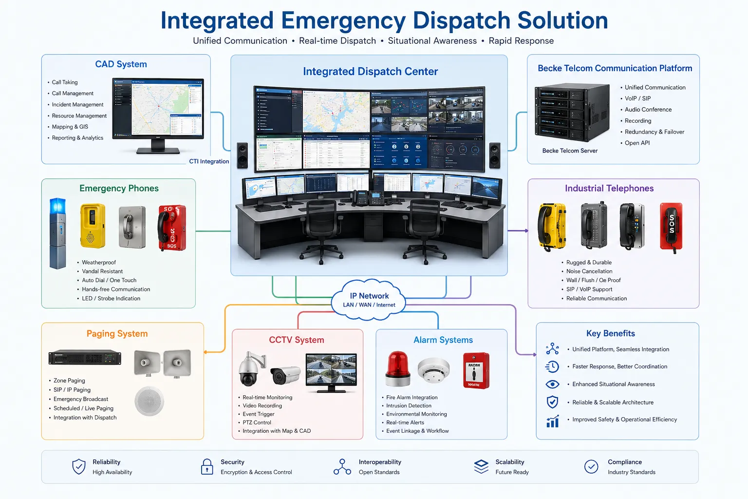 Integrated emergency dispatch solution with CAD system, Becke Telcom communication platform, emergency phones, industrial telephones, paging, CCTV, and alarm systems
