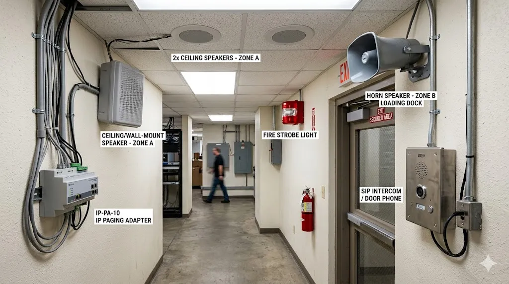 Different paging system devices including ceiling speakers, wall speakers, horn speakers, strobe lights, SIP intercoms, and IP paging adapters