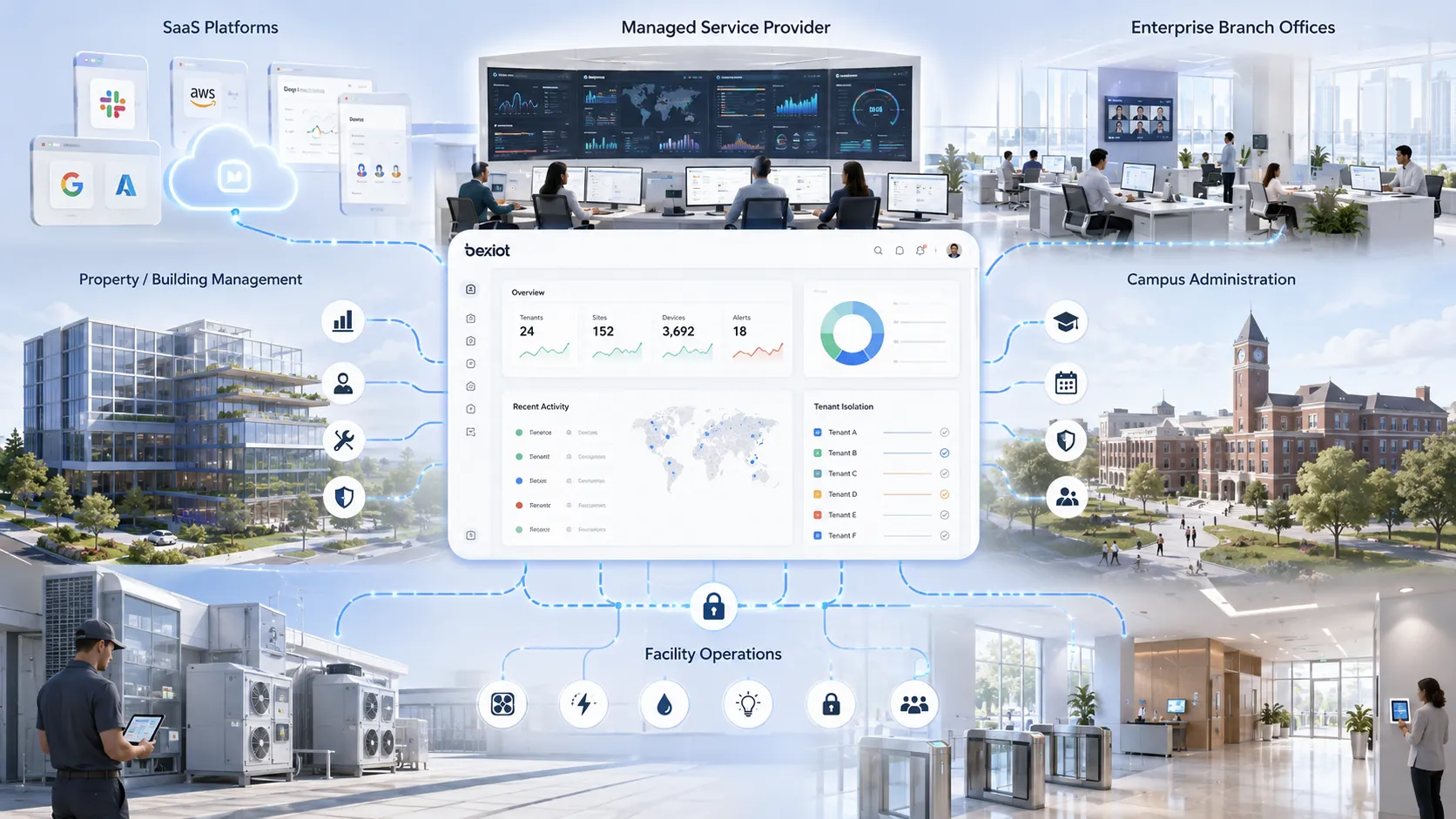 Multi-tenant management applications across SaaS platforms managed service providers enterprise branches property systems campuses and facility operations