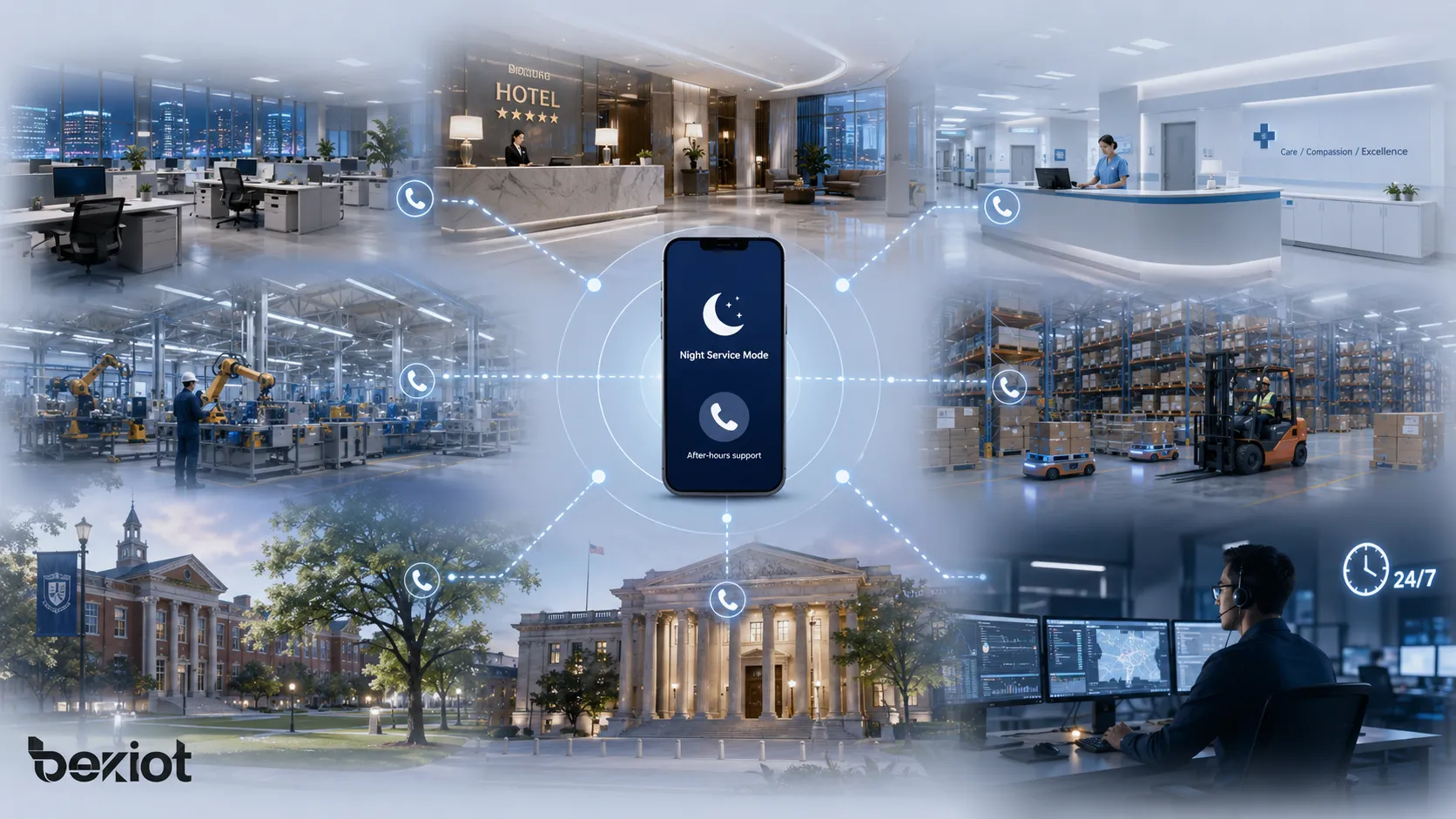 Night Service Mode applications in offices hotels healthcare facilities factories warehouses campuses public buildings and after-hours support teams