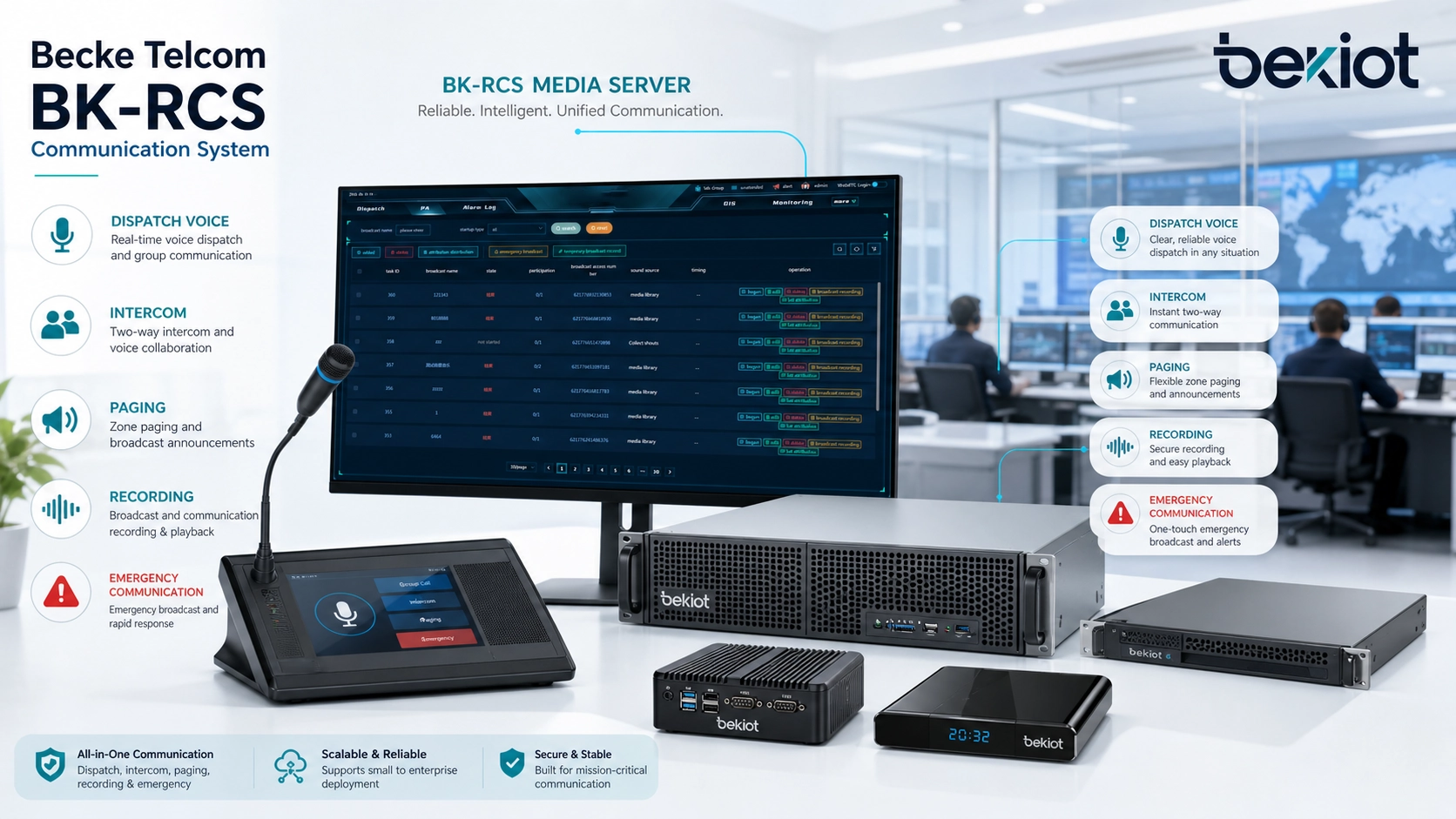 Becke Telcom BK-RCS server and BK-RCS communication system showing media server functions for dispatch voice intercom paging recording and emergency communication
