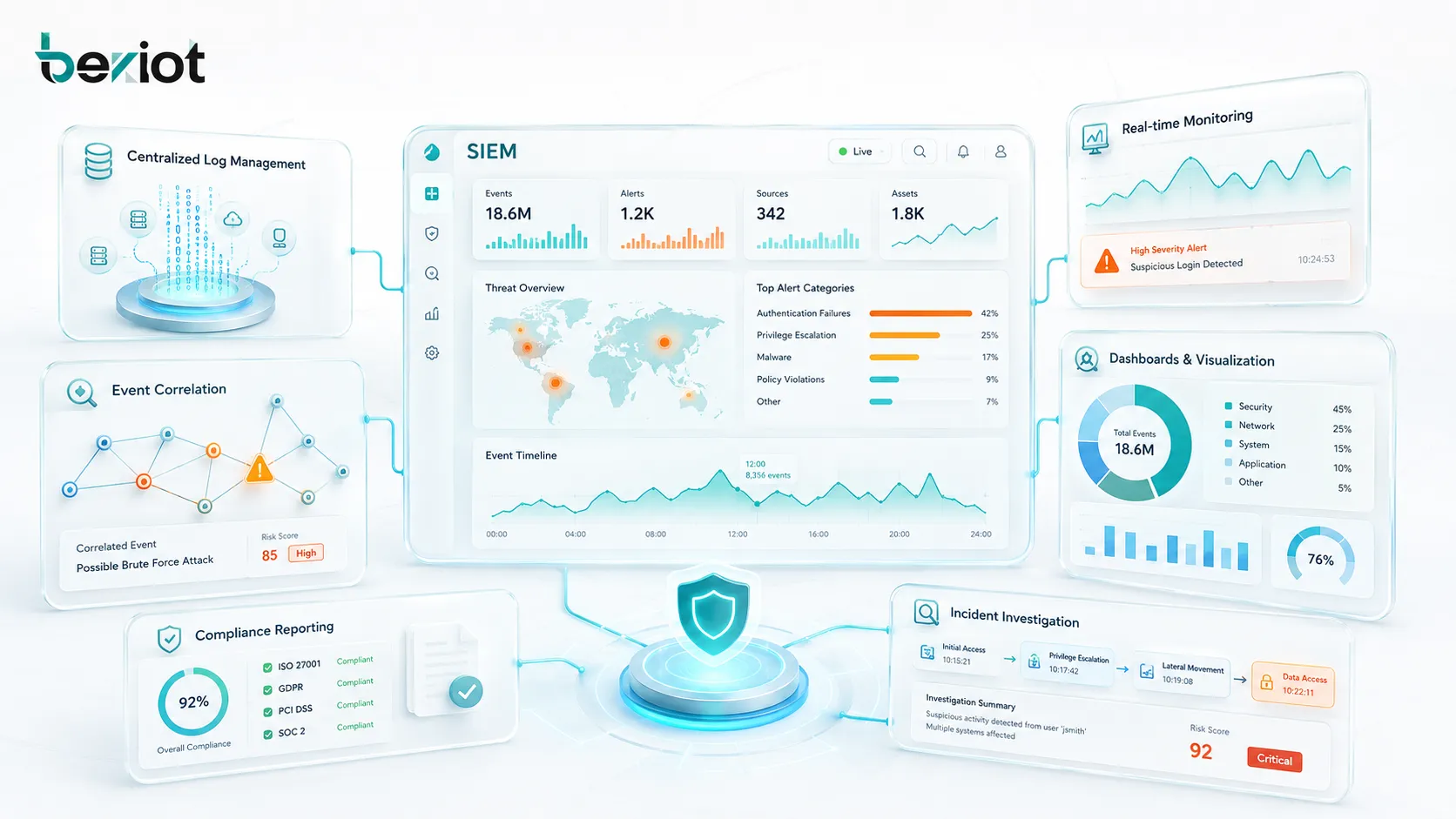 SIEM features showing centralized log management real-time monitoring event correlation dashboards compliance reporting and incident investigation