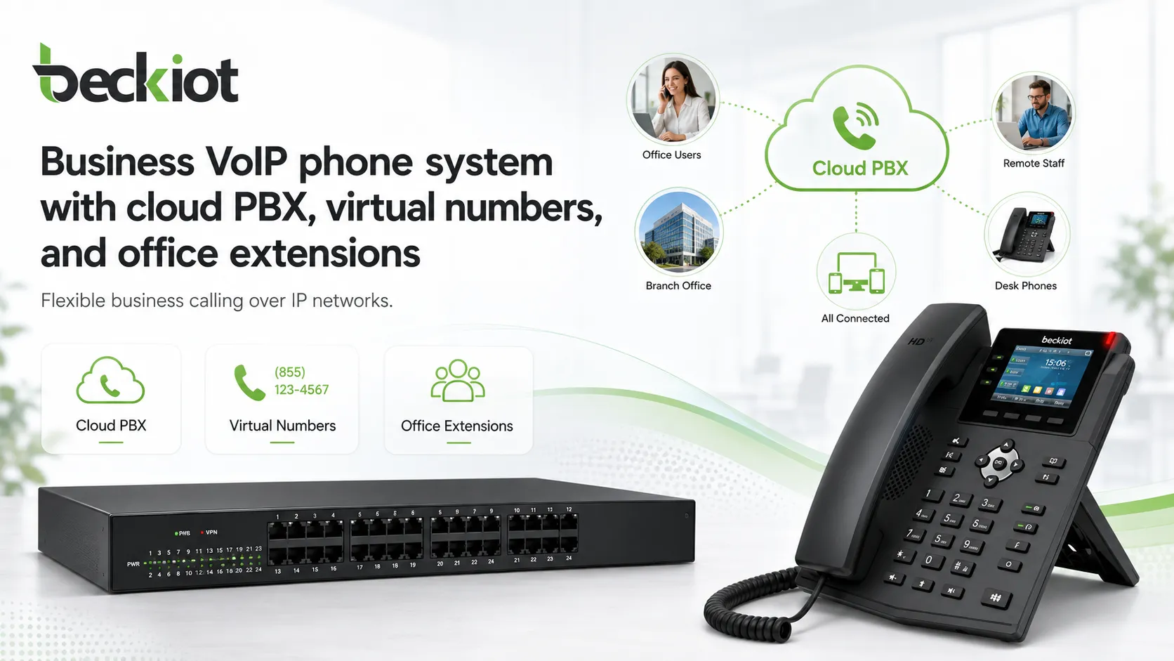 Business VoIP phone system with cloud PBX virtual numbers and office extensions