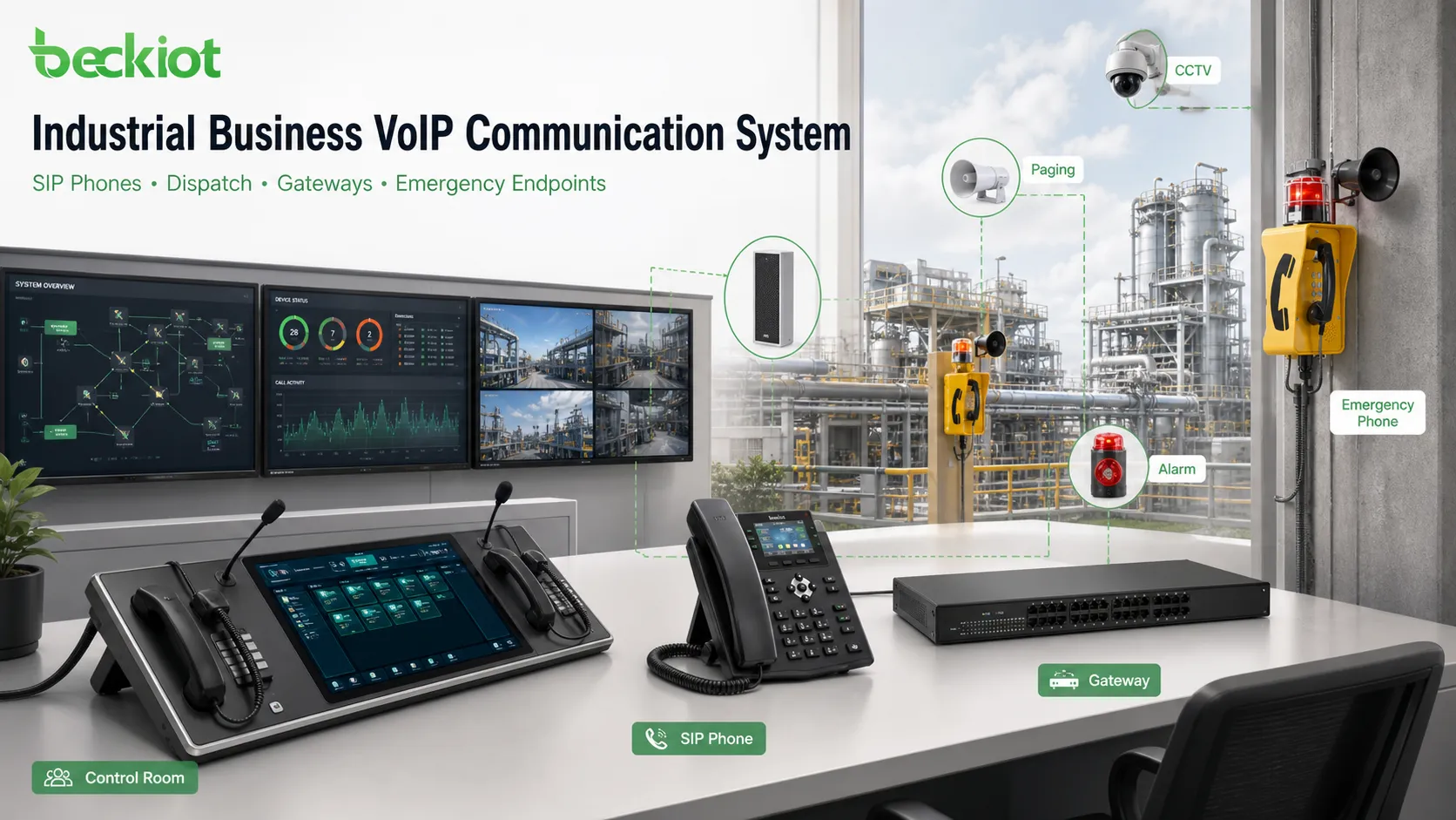Industrial Business VoIP communication system integrating SIP phones dispatch console gateways and emergency endpoints