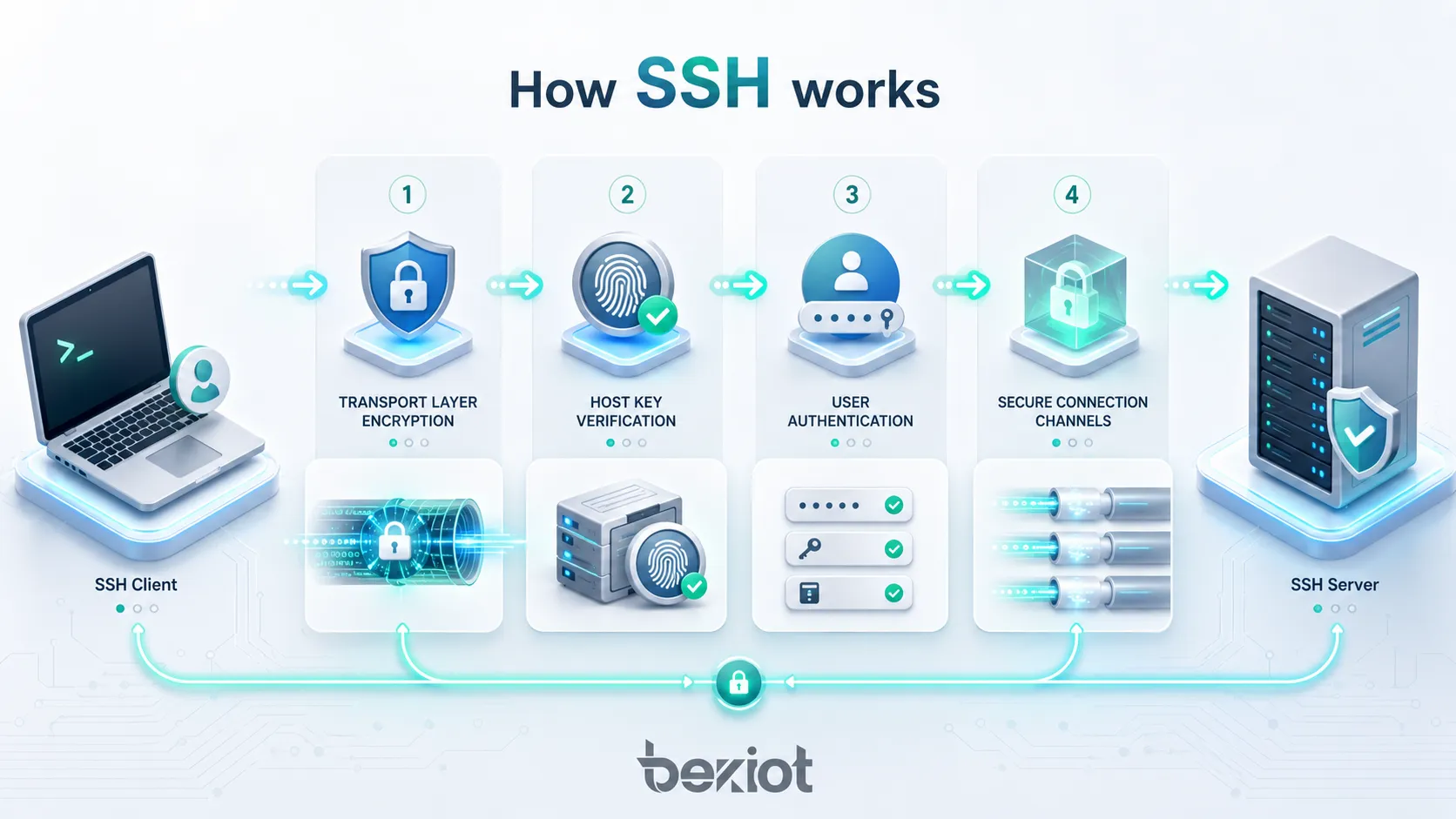 How SSH works showing transport layer encryption server host key verification user authentication and secure connection channels