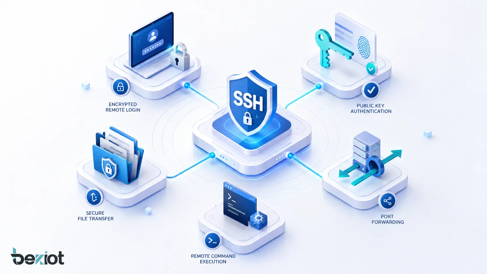SSH features showing encrypted remote login public key authentication secure file transfer port forwarding and remote command execution