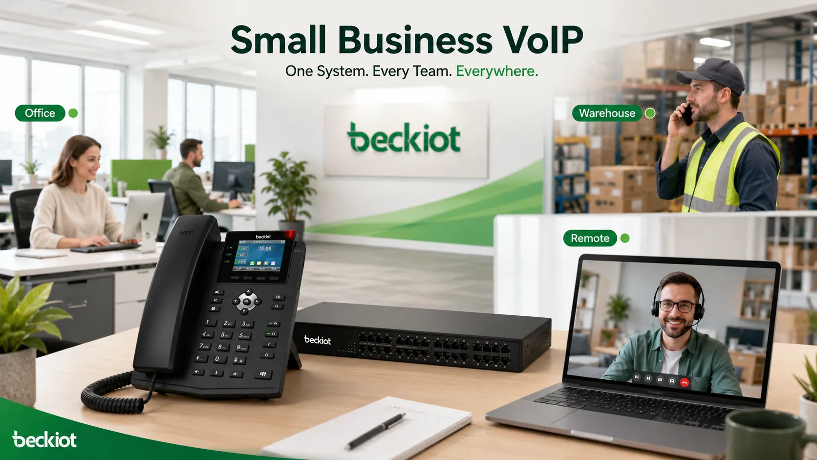 Small business VoIP phone system connecting office users warehouse staff and remote employees