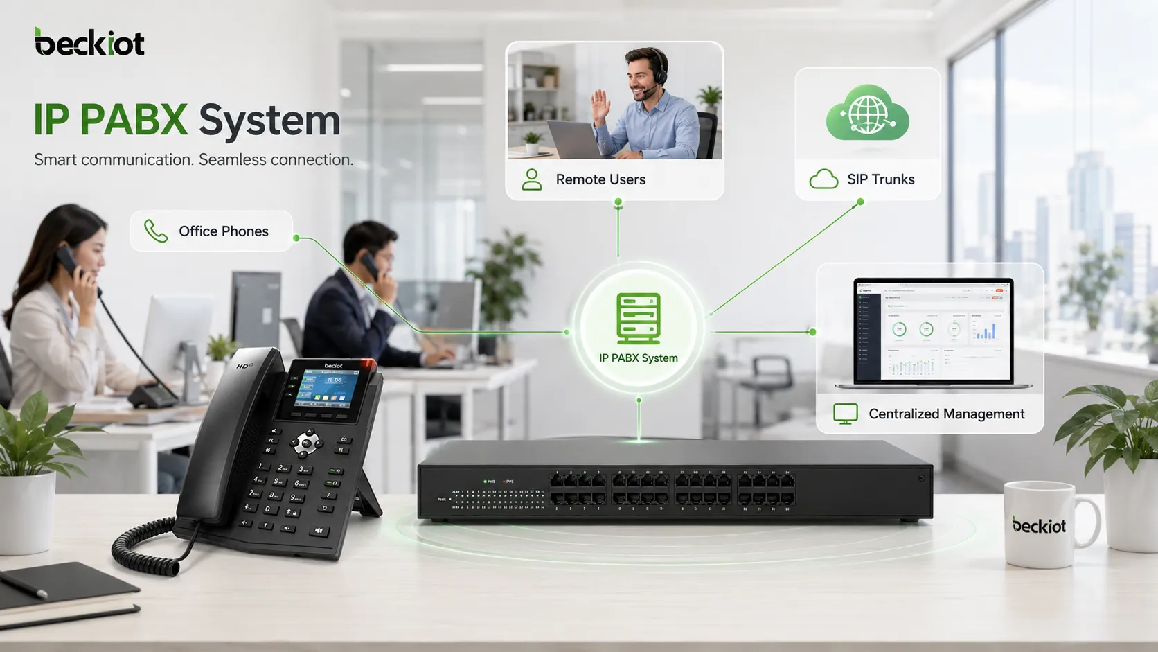 IP PABX business communication system supporting office phones remote users SIP trunks and centralized management
