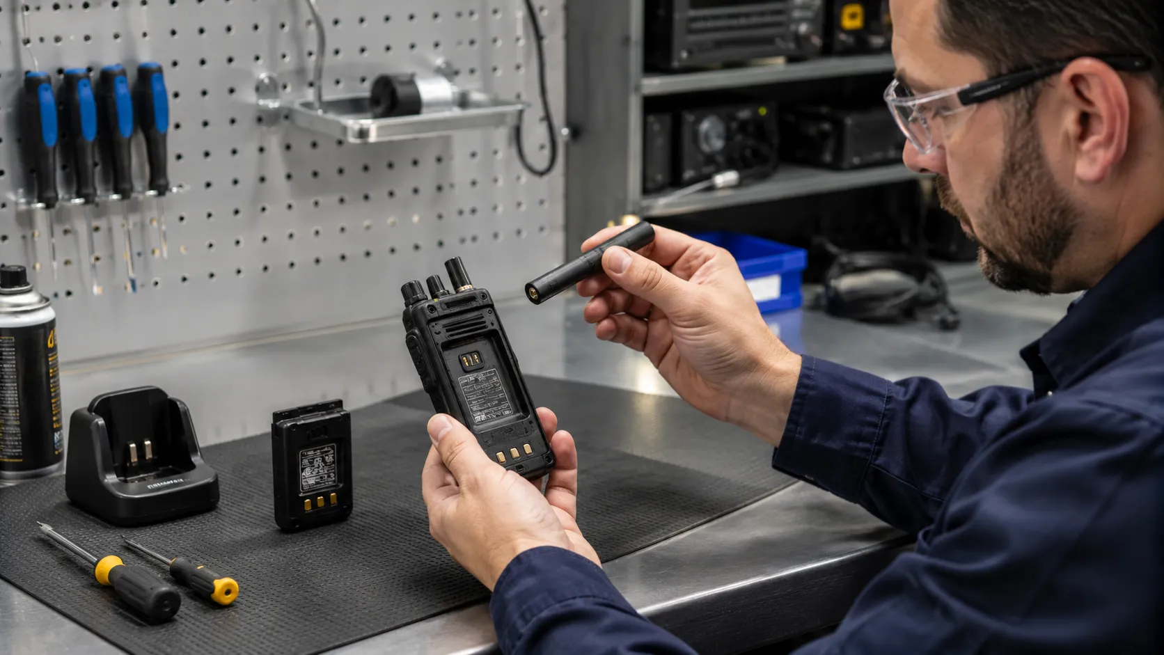 Technician inspecting a two-way radio antenna battery contacts and waterproof housing for safe daily maintenance