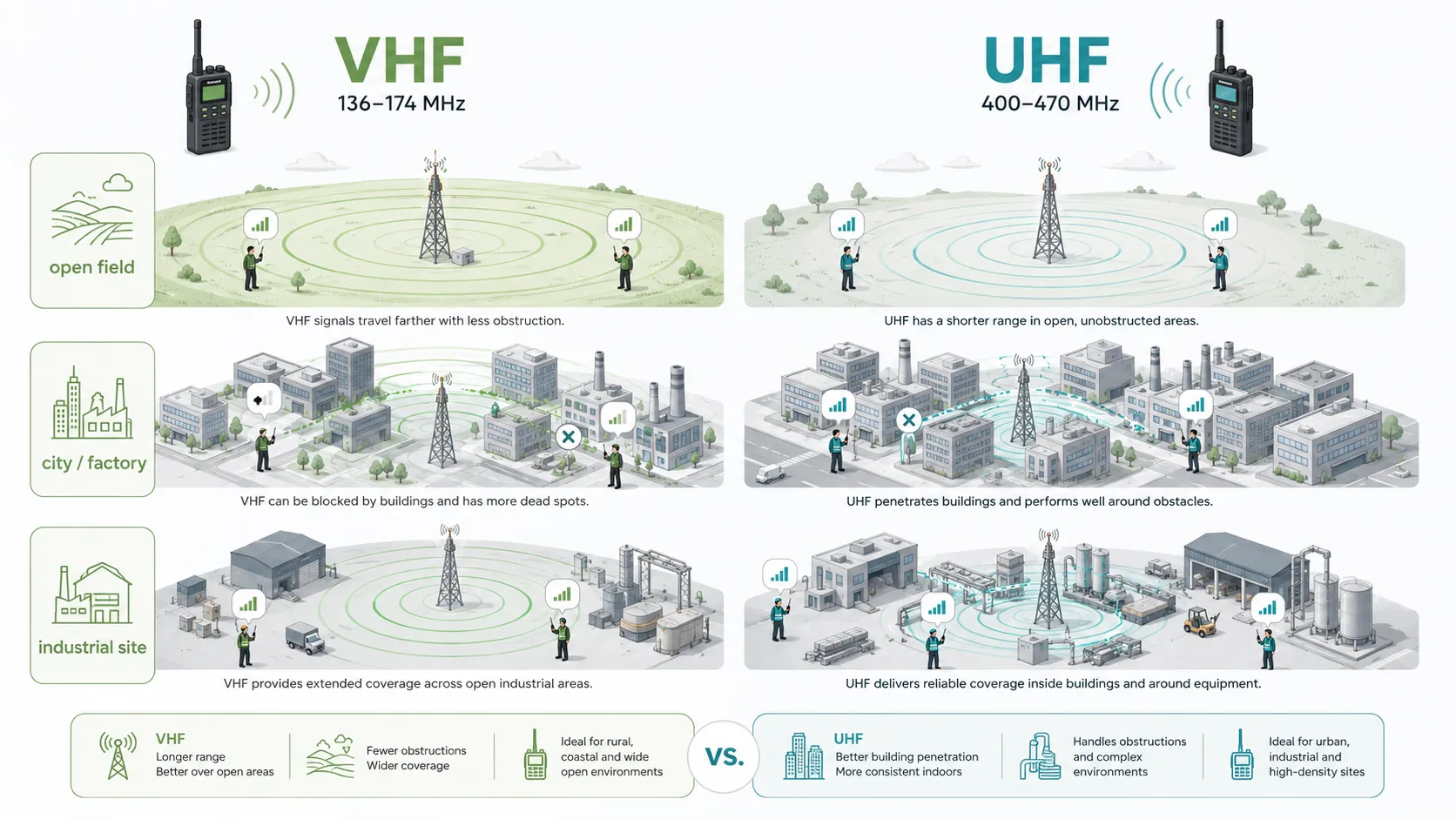 VHF and UHF two-way radio frequency coverage comparison in factory city and open field environments