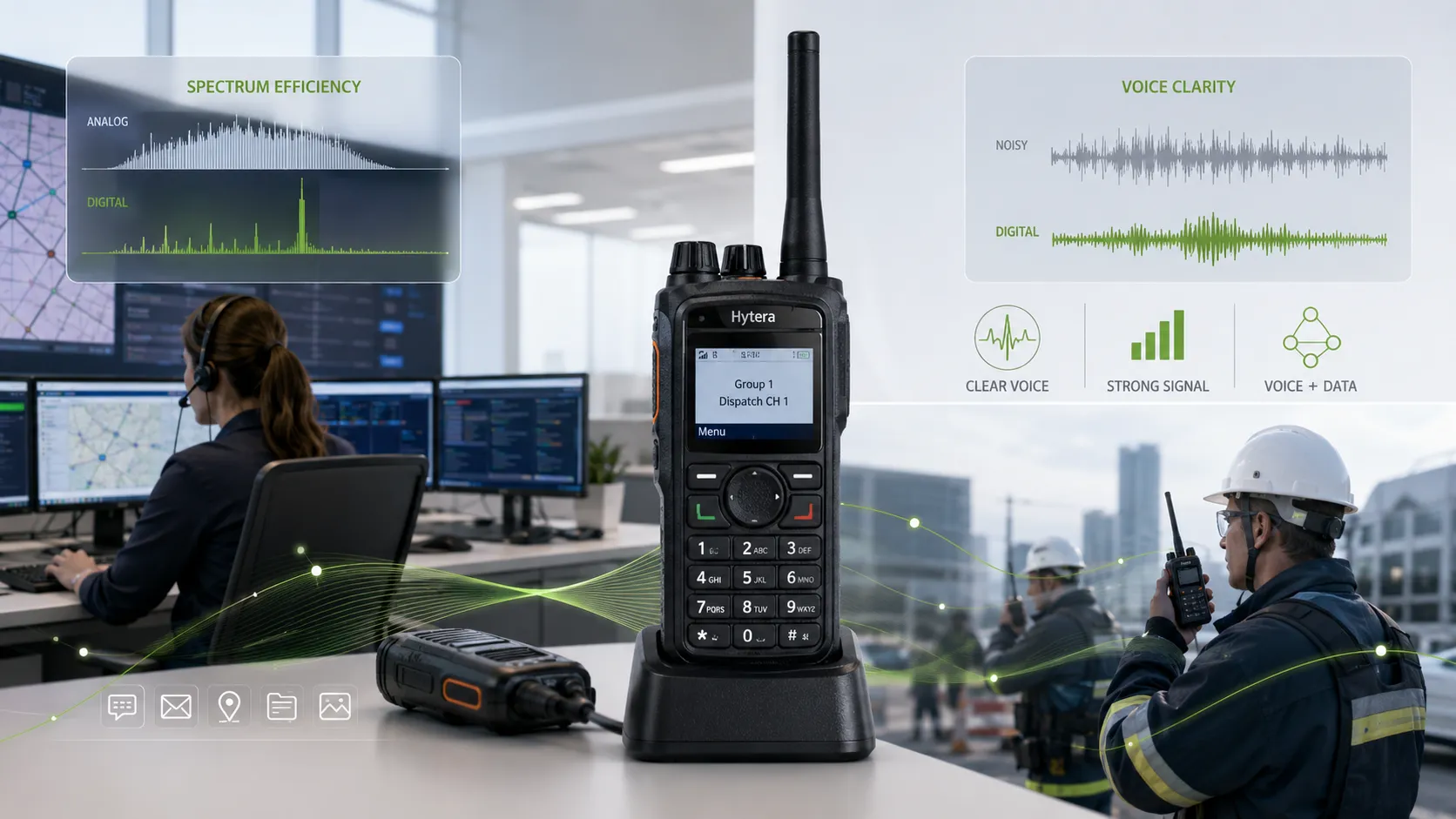 Digital two-way radio improving spectrum efficiency voice clarity and voice data integration in dispatch operations