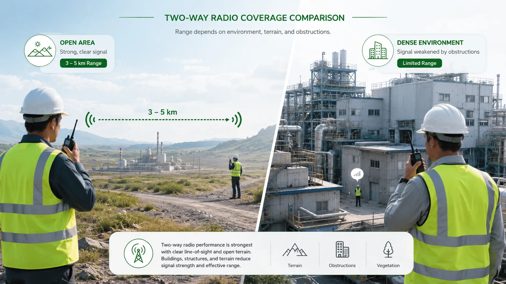 Two-way radio 3 to 5 kilometer open area communication range and building signal attenuation comparison