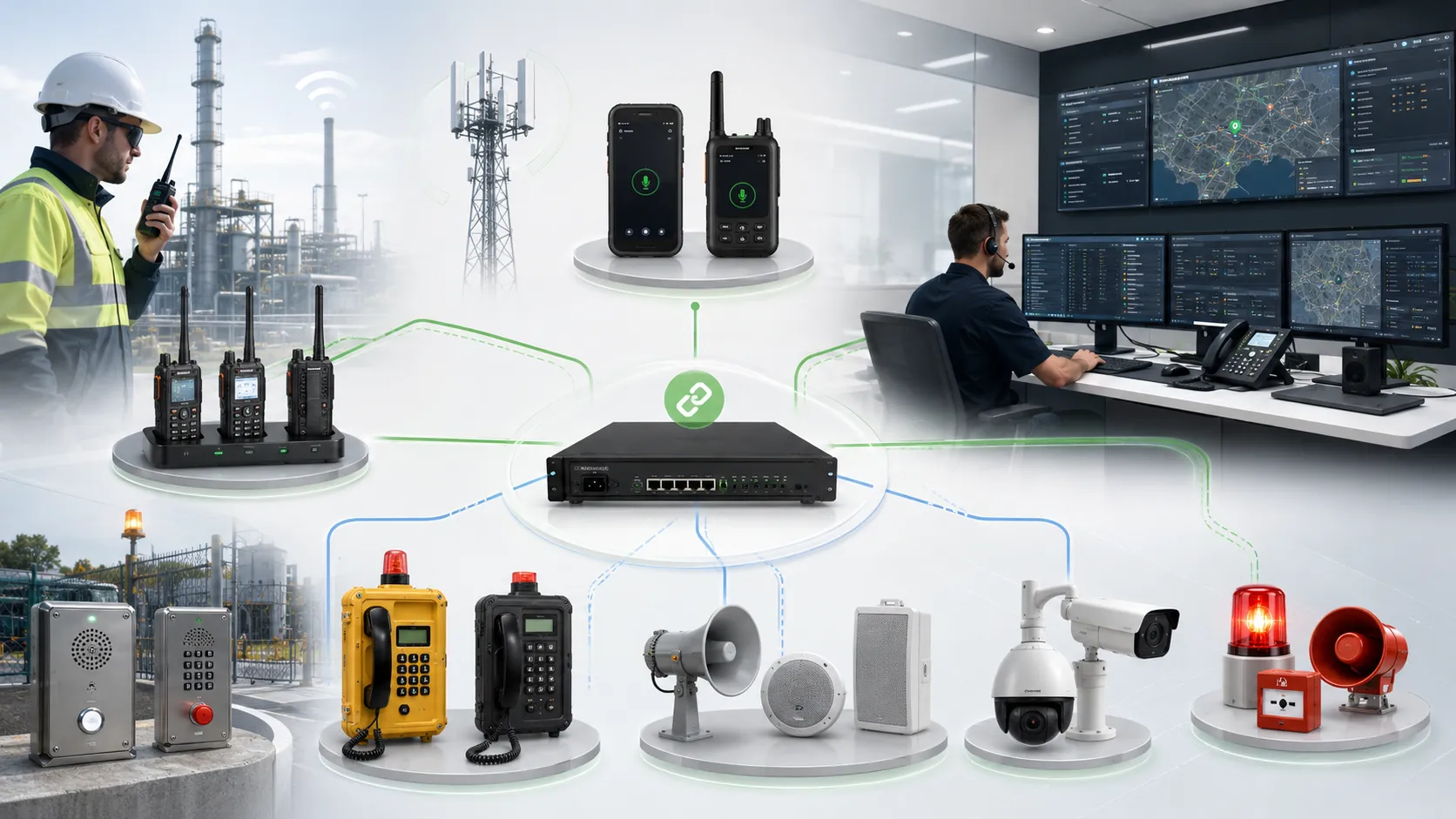 Becke Telcom hybrid emergency communication solution connecting two-way radios PoC radios RoIP gateway SIP dispatch industrial phones PA and CCTV linkage