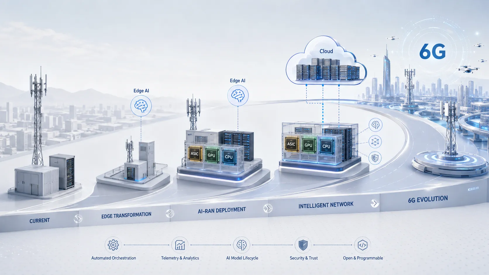 AI-RAN deployment roadmap for operators using ASIC GPU CPU heterogeneous computing edge AI cloud orchestration and 6G evolution