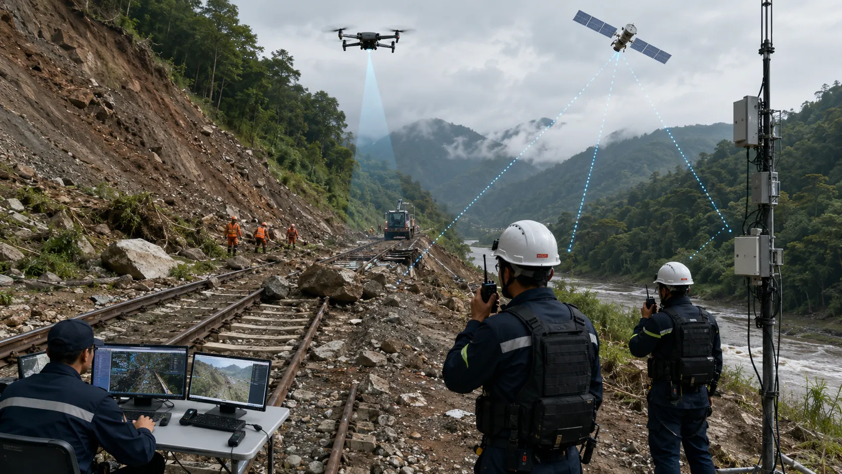 Railway landslide emergency using drone reconnaissance satellite relay two-way radio voice and command center dispatch
