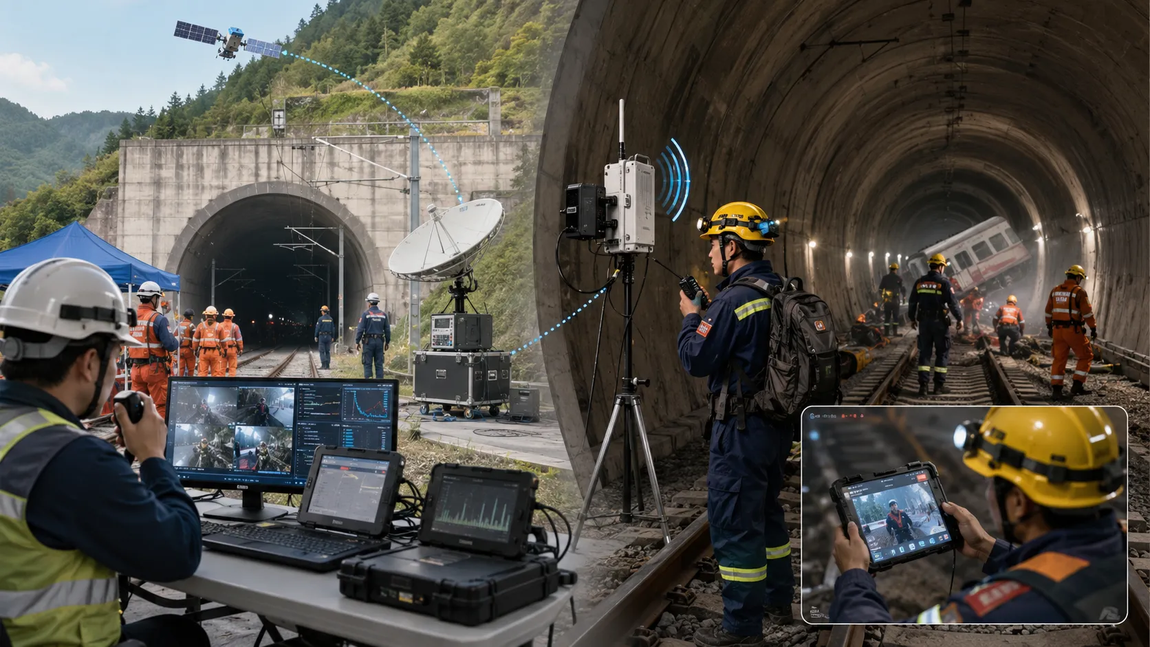 Tunnel railway rescue wireless relay sending voice and video signals 3.5 to 10 kilometers into the tunnel through satellite backhaul