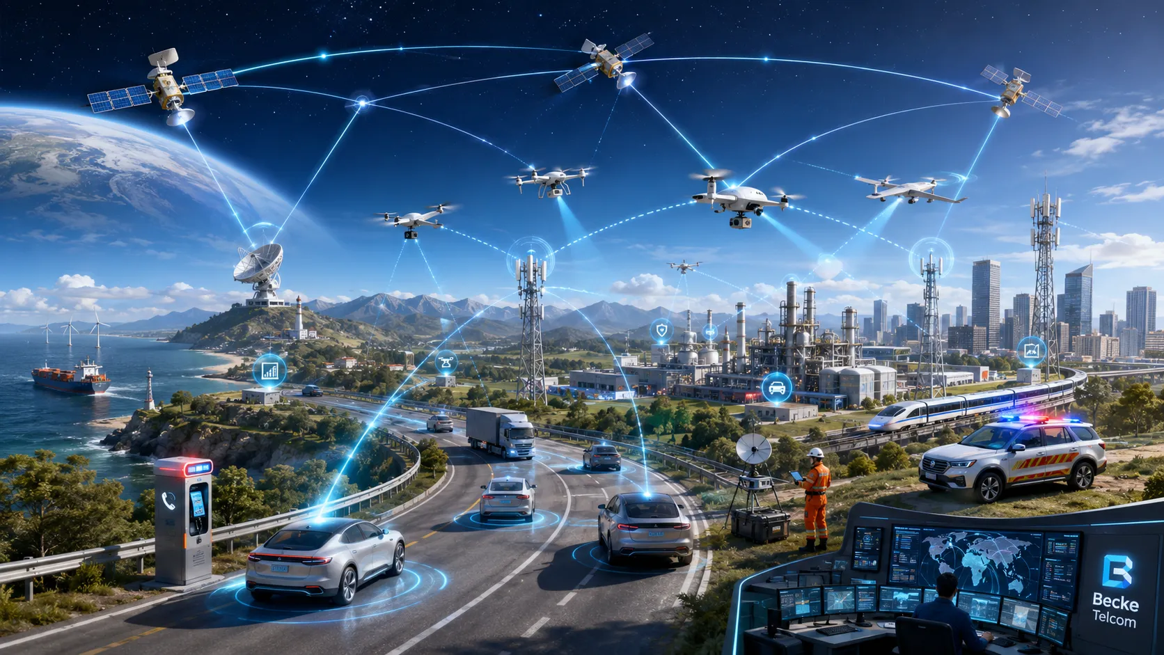 6G space air ground integrated network connecting satellites, UAVs, base stations, smart vehicles, industrial sites, and emergency communication systems