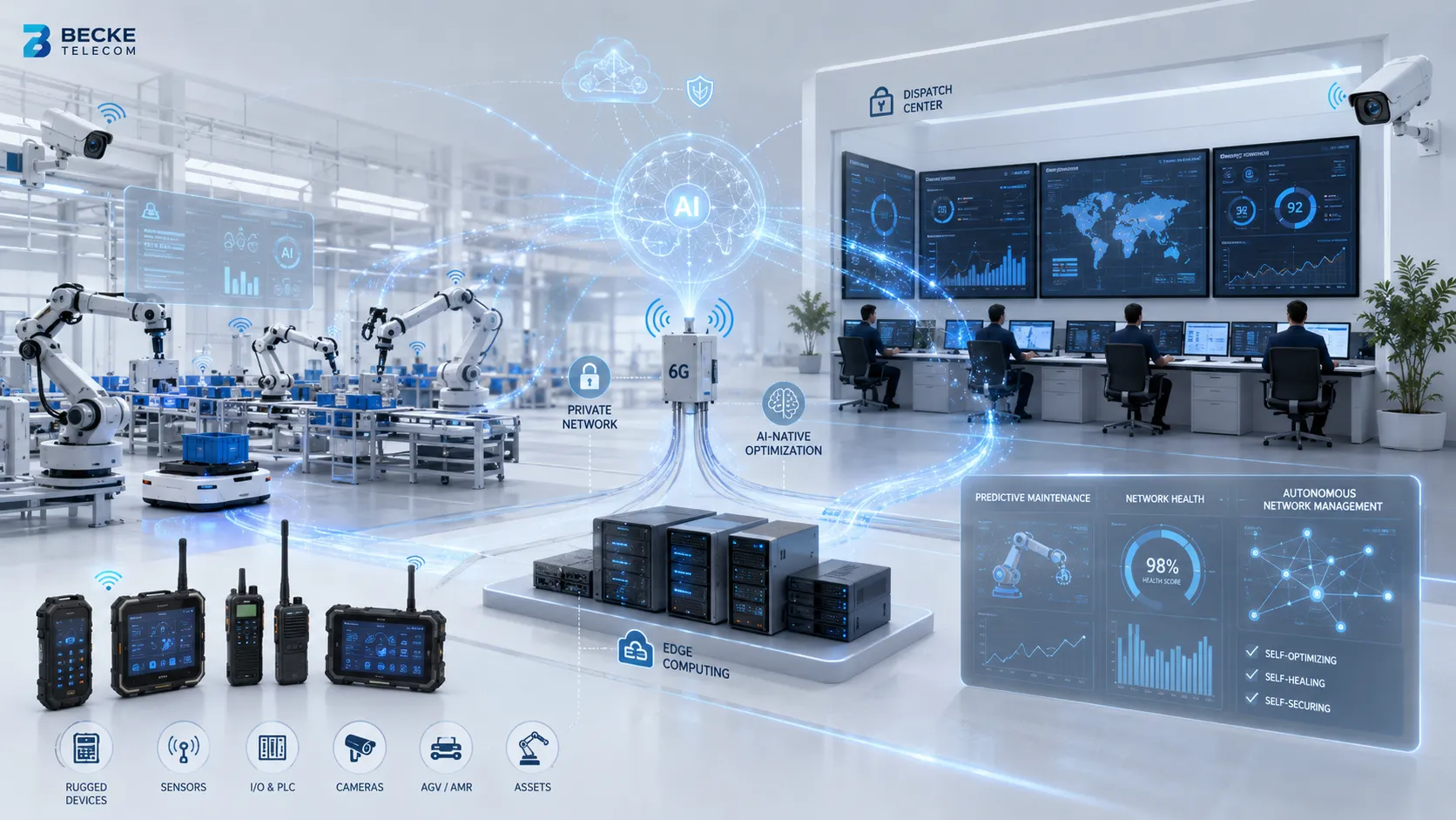 AI-native 6G industrial communication solution with edge computing, private network, smart factory, dispatch center, and connected devices