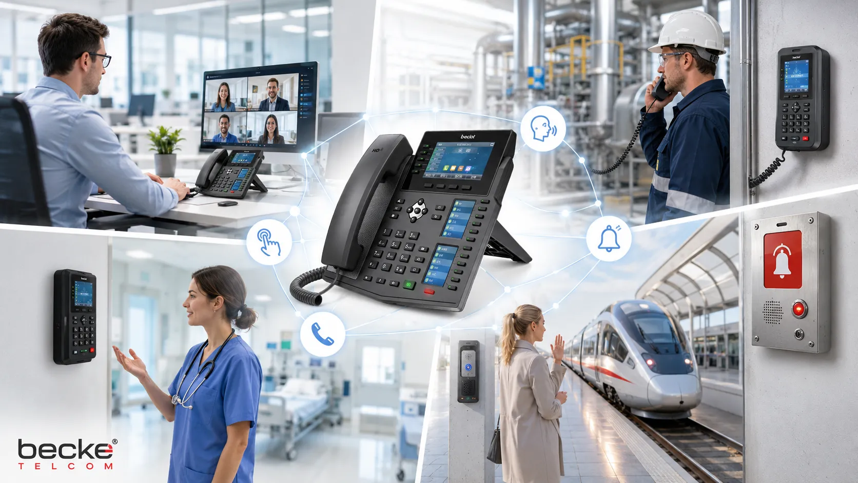 Hands-free calling applications across office communication industrial sites healthcare rooms emergency help points and transportation systems