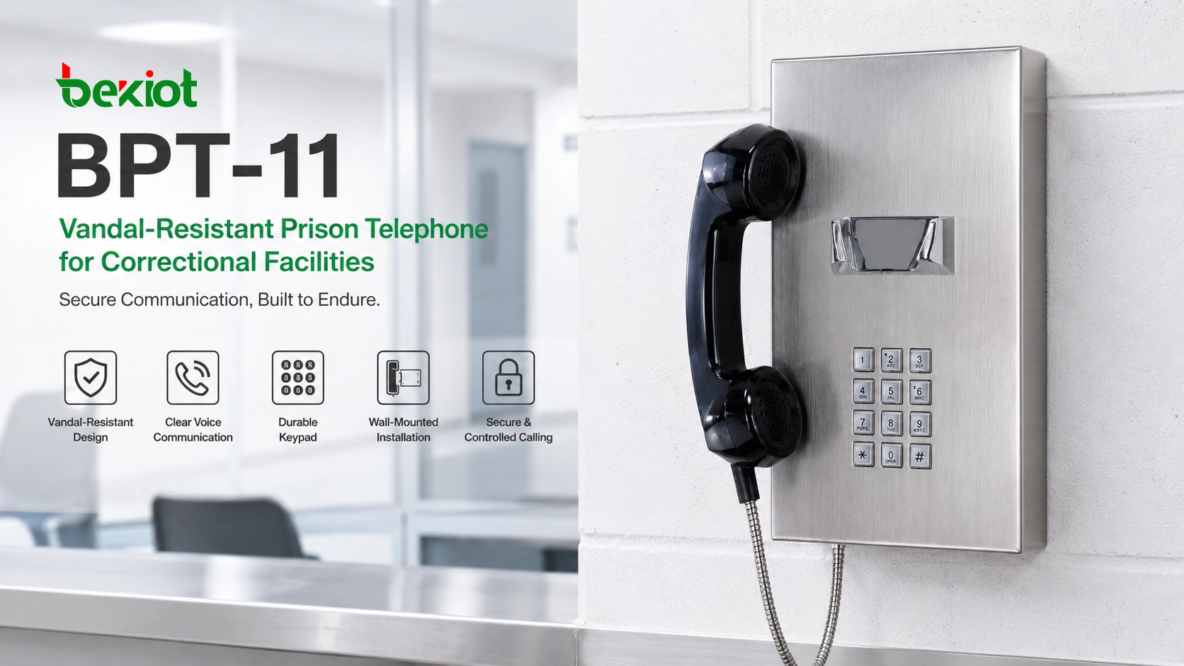 BPT-11 vandal-resistant prison telephone installed in a correctional facility calling area