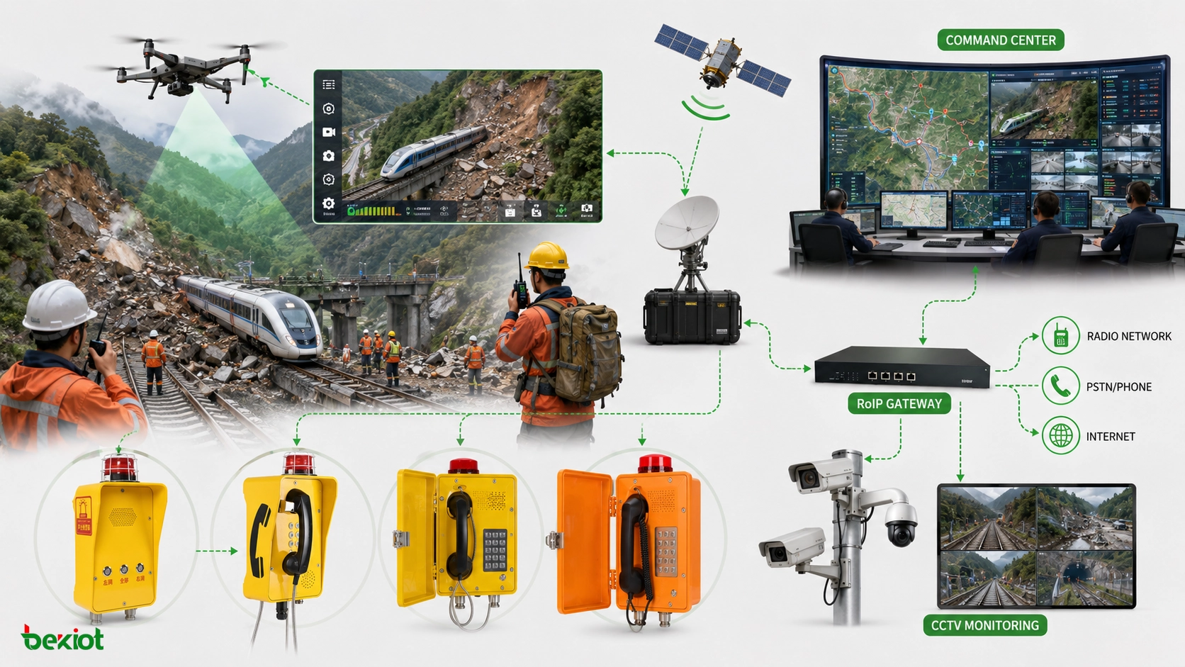 Railway landslide emergency dispatch system using drone video satellite communication RoIP radio dispatch GIS map CCTV and command center