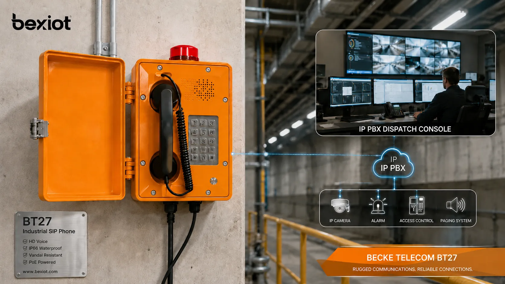 Becke Telcom BT27 industrial SIP phone installed as a rugged wall-mounted intercom endpoint connected to IP PBX dispatch console and control room