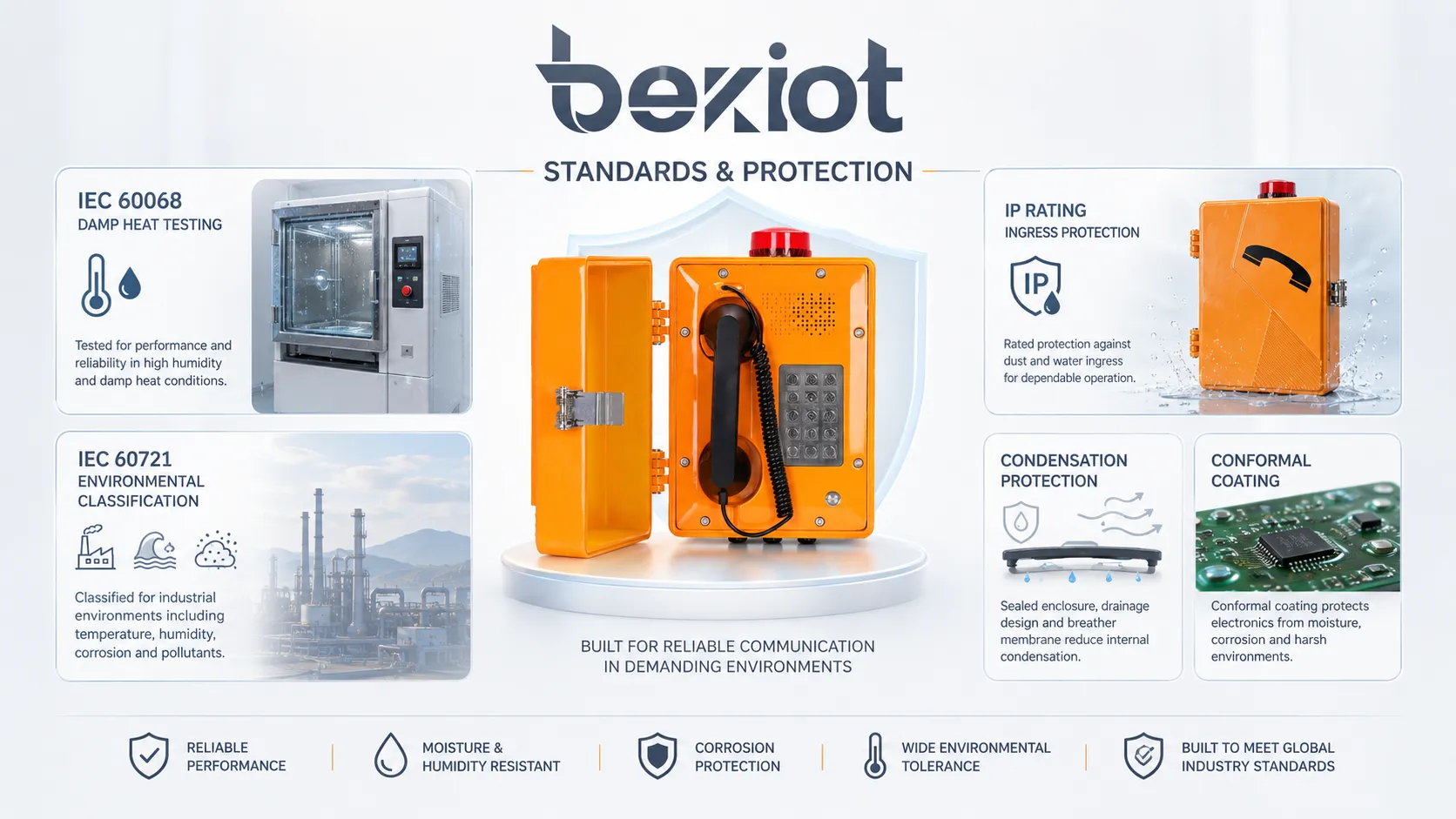 Operating humidity standards and protection ratings showing IEC 60068 damp heat testing IEC 60721 environmental classification IP rating condensation protection and conformal coating